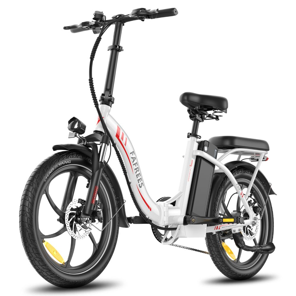 Una bicicleta eléctrica blanca y negra. Tiene la marca FA FREES en el cuadro. Los neumáticos son negros y el asiento es negro.