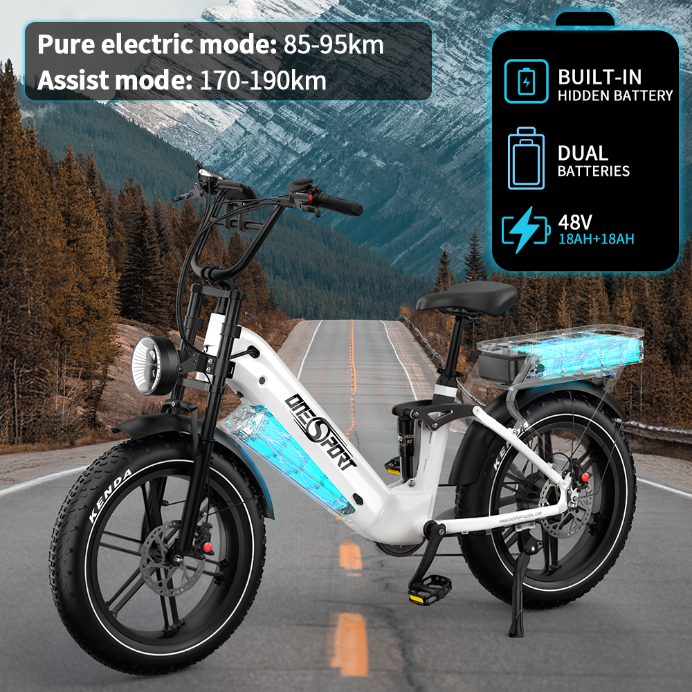 Bicicleta eléctrica blanca en una carretera, con fondo de montaña. Características: batería oculta, baterías duales y alcance de 85-190km.