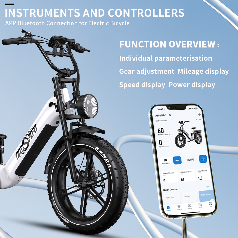 Bicicleta eléctrica blanca con teléfono que muestra estadísticas. El texto incluye 'Instrumentos y controladores' y 'Descripción general de la función'.