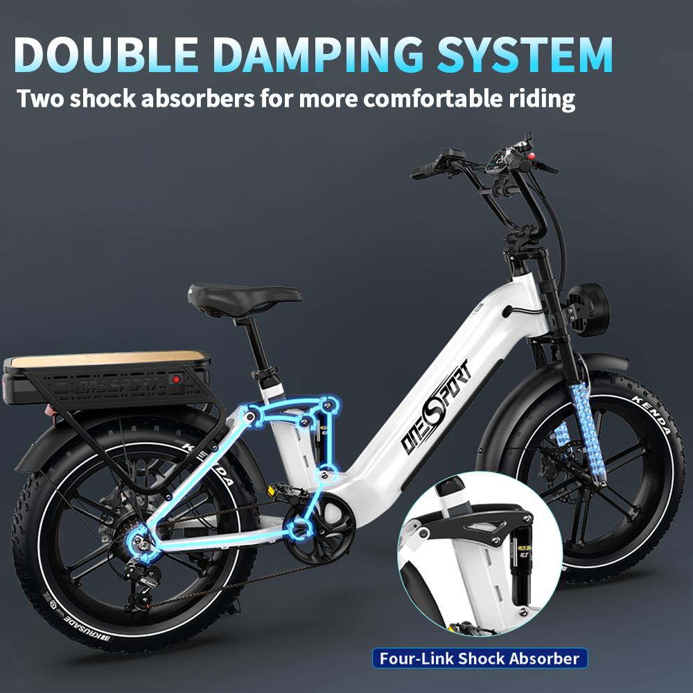 Bicicleta eléctrica blanca con neumáticos negros, sistema de amortiguación resaltado y primer plano del amortiguador de cuatro enlaces.