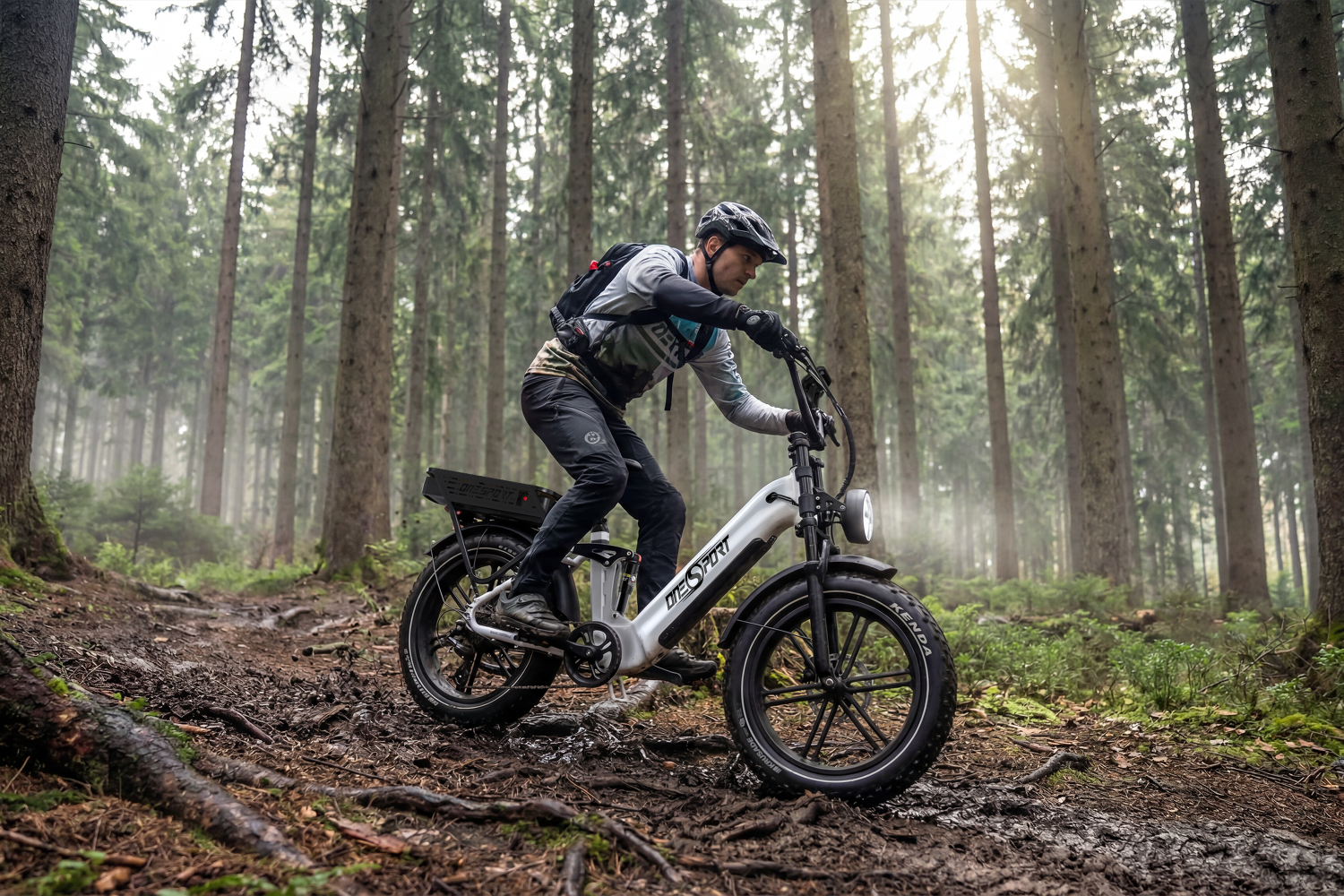 Un hombre monta en una e-bike en un sendero forestal. La bicicleta es blanca y negra. Altos árboles rodean al ciclista.