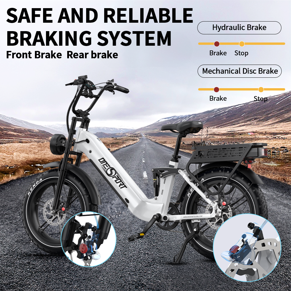Una bicicleta eléctrica con cuadro blanco y llantas negras está en una carretera. Se muestran detalles de los sistemas de frenado, con el texto 'SAFE AND RELIABLE BRAKING SYSTEM'.