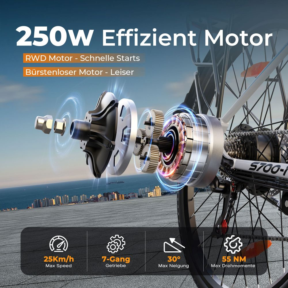 Vista explosionada de un motor de bicicleta con engranajes. El texto incluye 250W, 25km/h, 7 velocidades, 30° máx. inclinación y 55 NM.