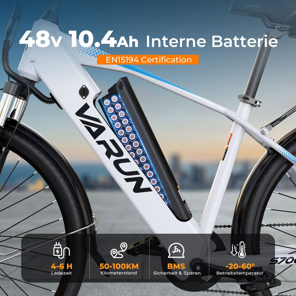 Una bicicleta eléctrica con cuadro blanco. Tiene una batería y se muestra información sobre el tiempo de carga, la autonomía y la temperatura.