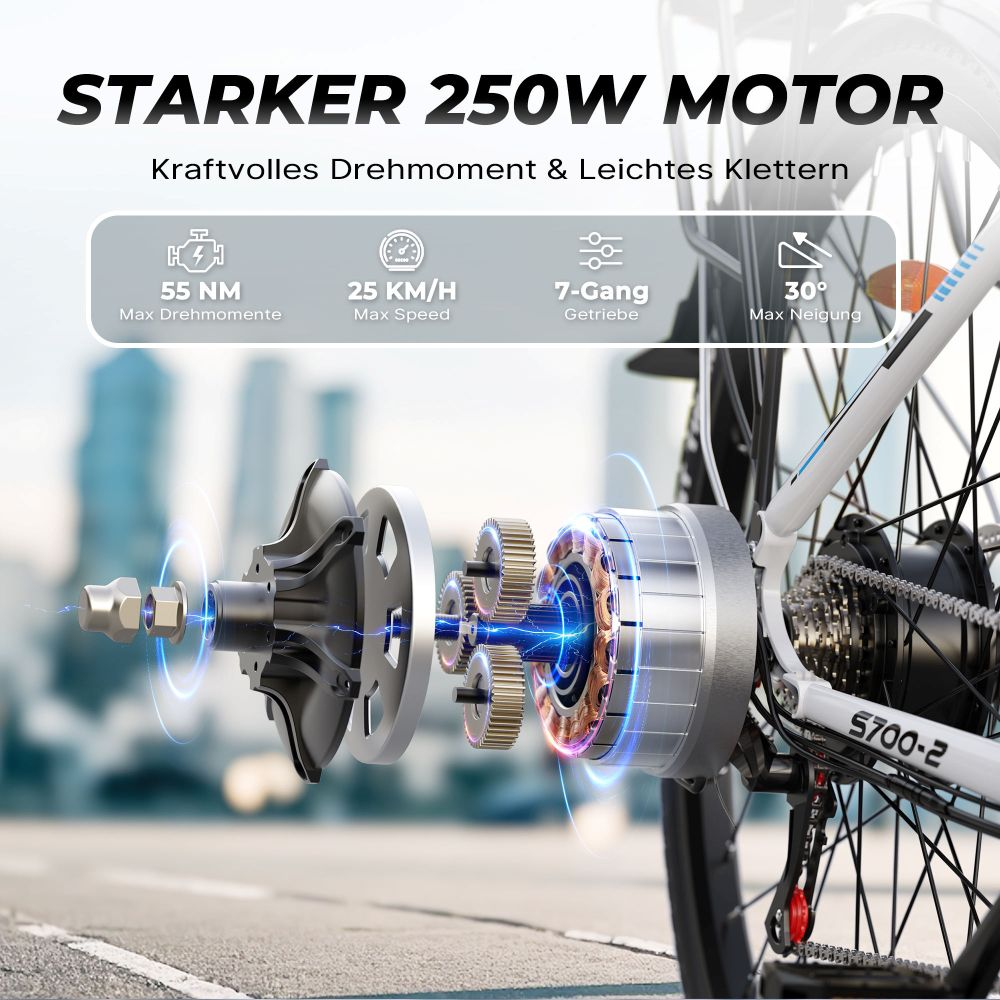 Un motor de bicicleta eléctrica con engranajes expuestos, se muestran especificaciones de 55 NM, 25 KM/H, 7 velocidades e inclinación de 30 grados.