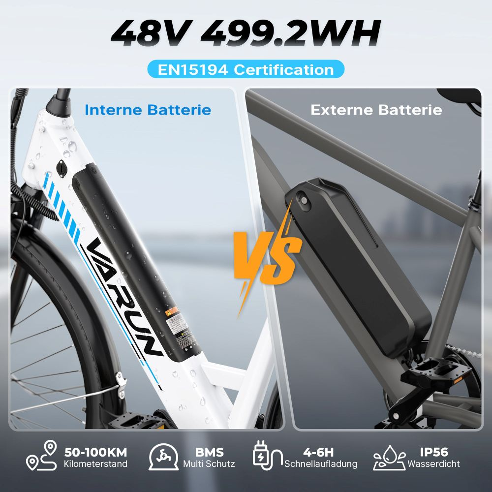 La imagen muestra una comparación de bicicletas eléctricas. Lado izquierdo muestra batería interna, lado derecho externa. El texto incluye especificaciones y certificaciones.