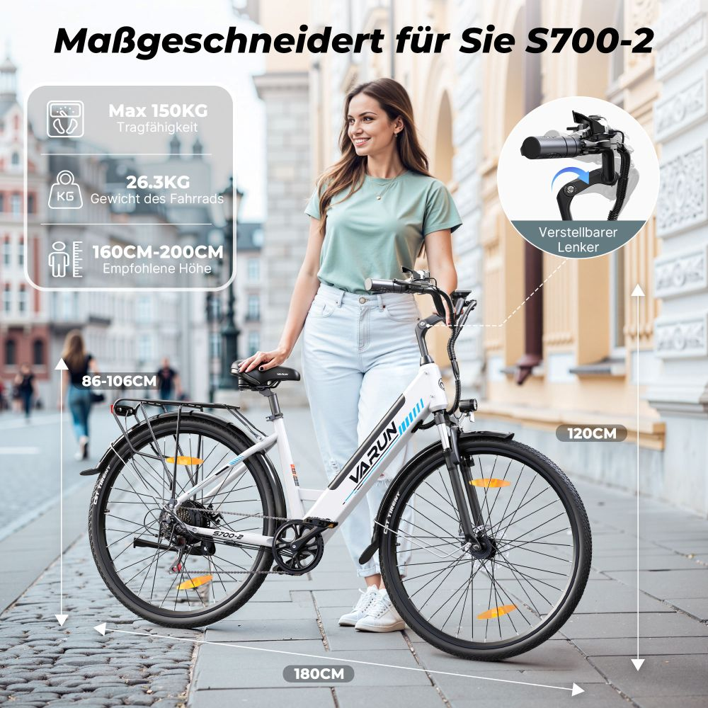 Una mujer junto a una bicicleta eléctrica blanca. Texto muestra especificaciones como altura, peso y manillar ajustable.