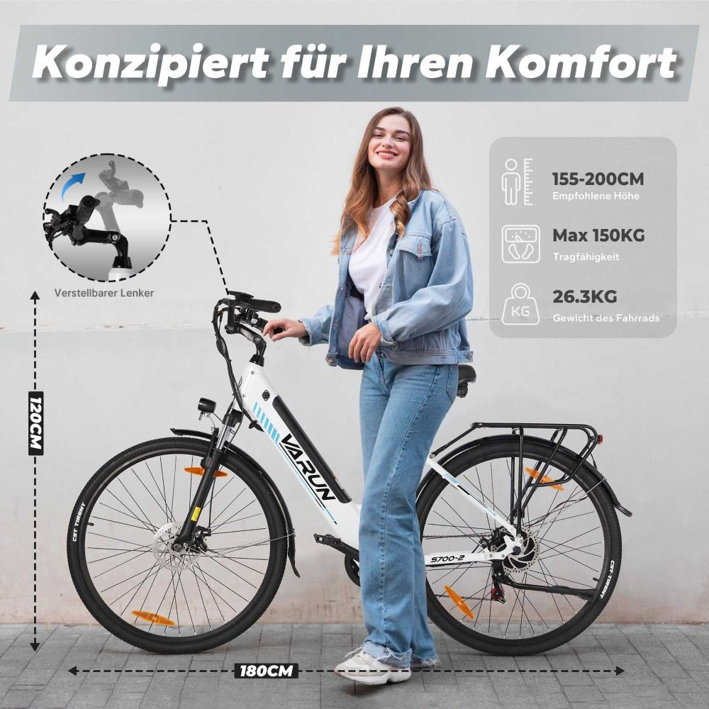 Una mujer con una bici blanca. Texto describe manillar ajustable, tamaño y peso.
