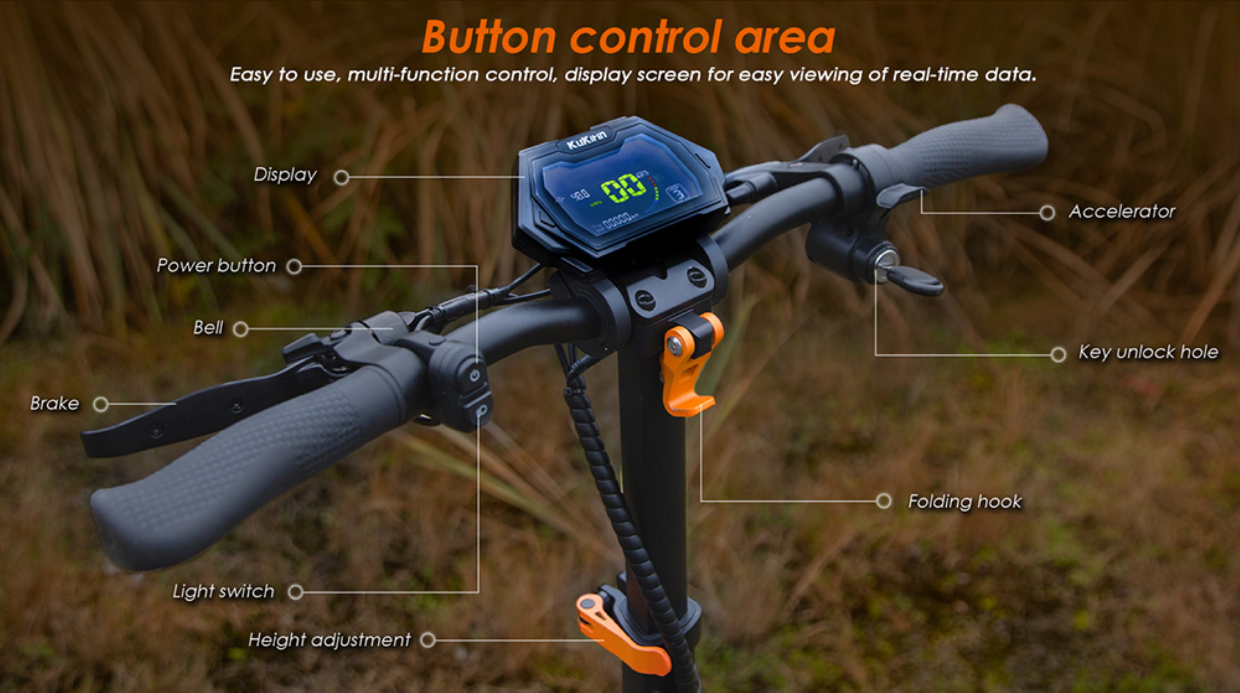Manillar de patinete eléctrico con pantalla, botones y palancas. Incluye un gancho plegable y un orificio para llave.