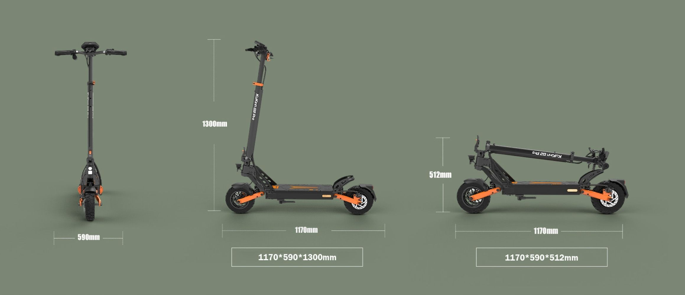 Tres vistas de un patinete eléctrico negro y naranja con medidas. El patinete está etiquetado como KuKirin G2 Pro.