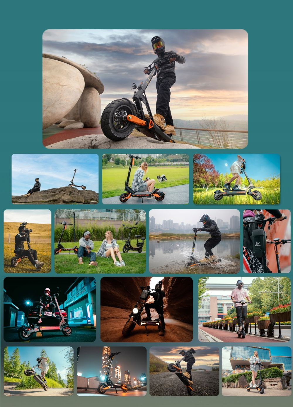 Colección de imágenes con personas montando patinetes eléctricos en varios entornos. Incluye fotos de los pilotos en acción.