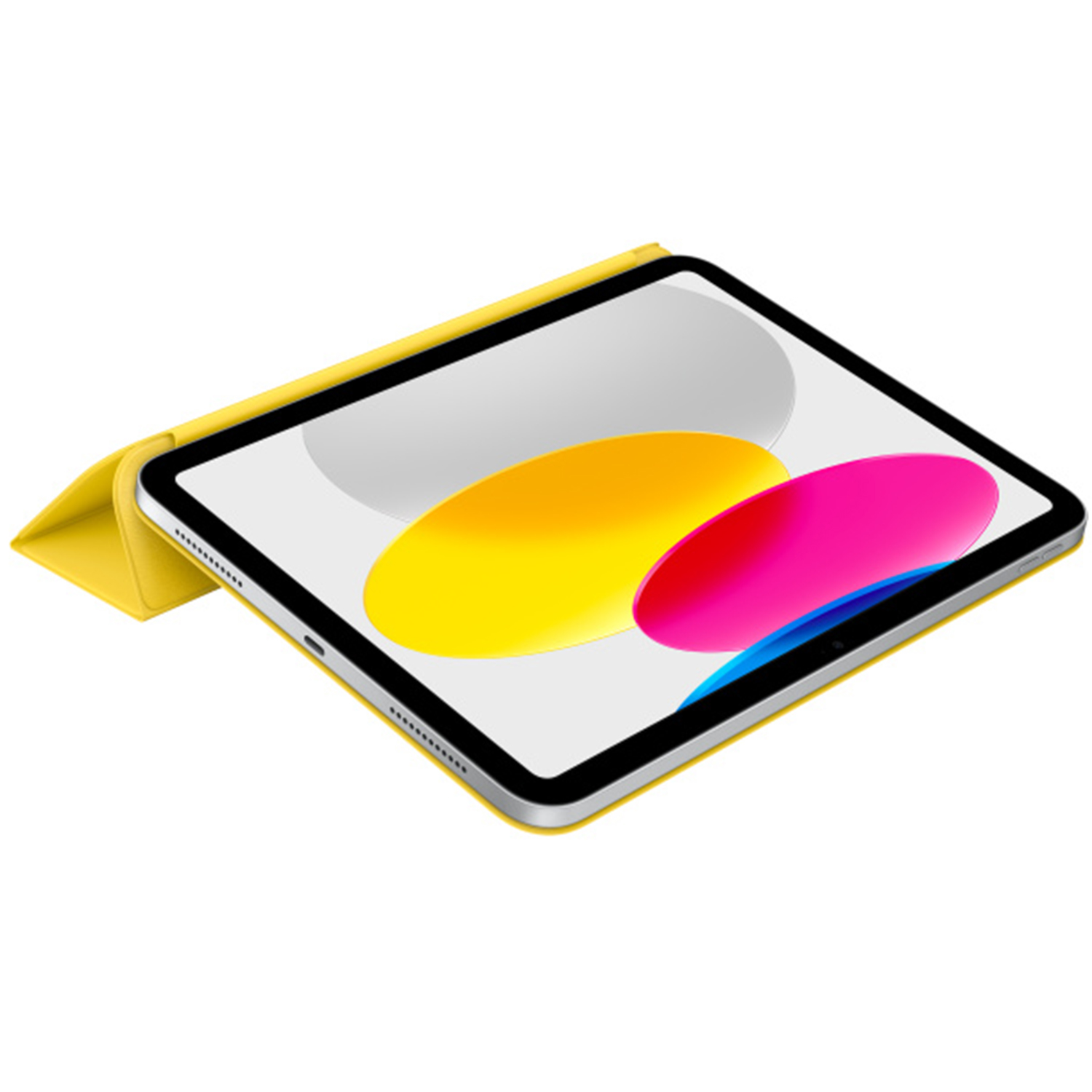 Gelbes iPad in einer gelben Hülle, das ein farbenfrohes abstraktes Design auf dem Bildschirm zeigt.