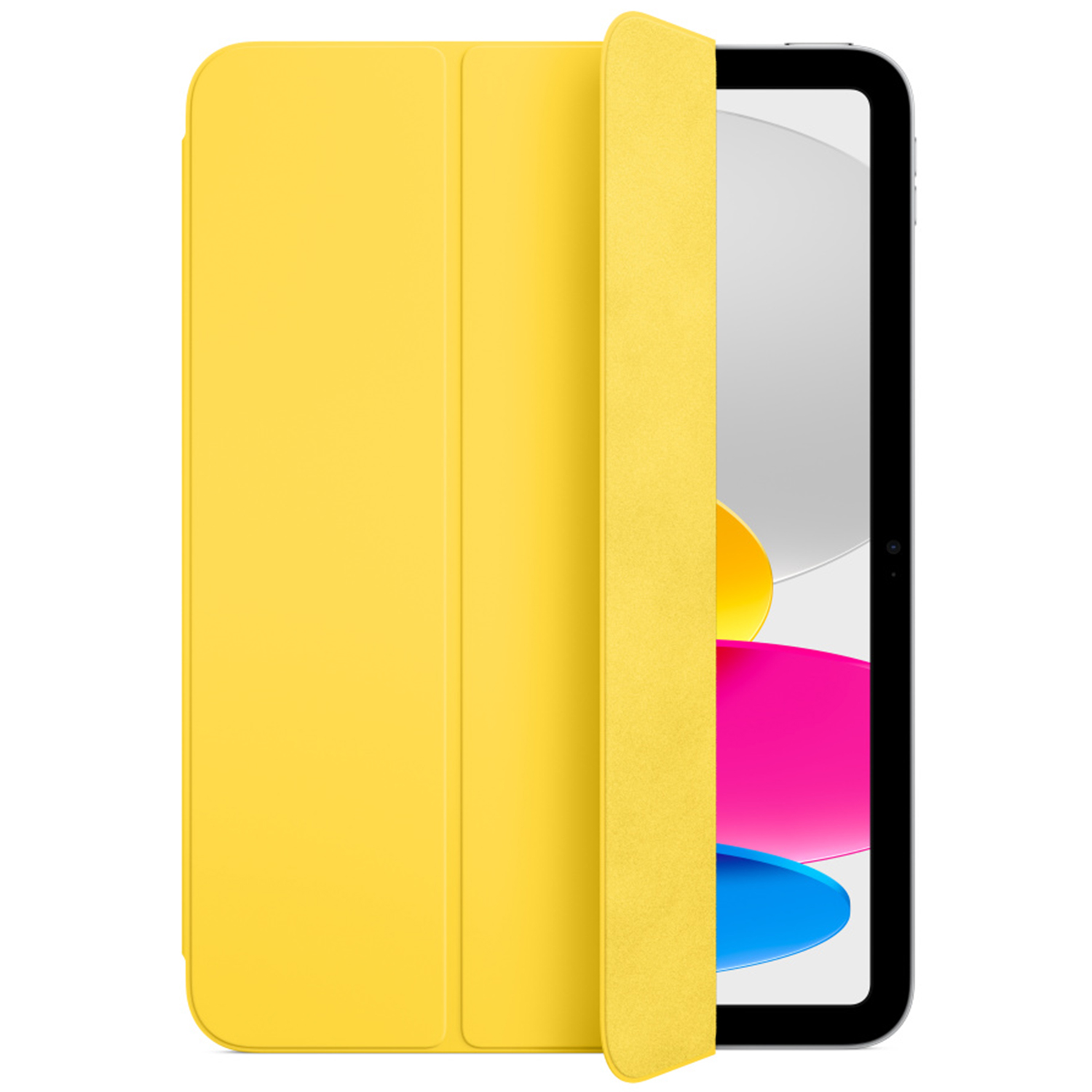 Gelbe iPad-Hülle teilweise geöffnet, Bildschirm sichtbar. Bildschirm zeigt bunten Hintergrund mit rosa, gelben und blauen Elementen.