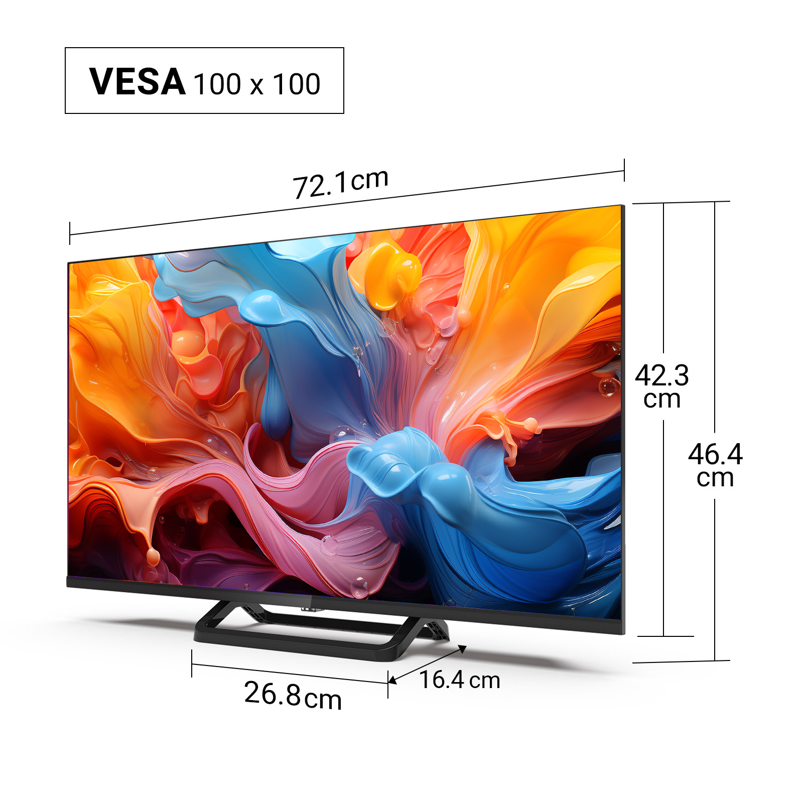 Ein Fernseher mit farbenfroher abstrakter Kunst auf dem Bildschirm. Maße sind angegeben: 72,1 cm, 42,3 cm, 46,4 cm, 26,8 cm und 16,4 cm.