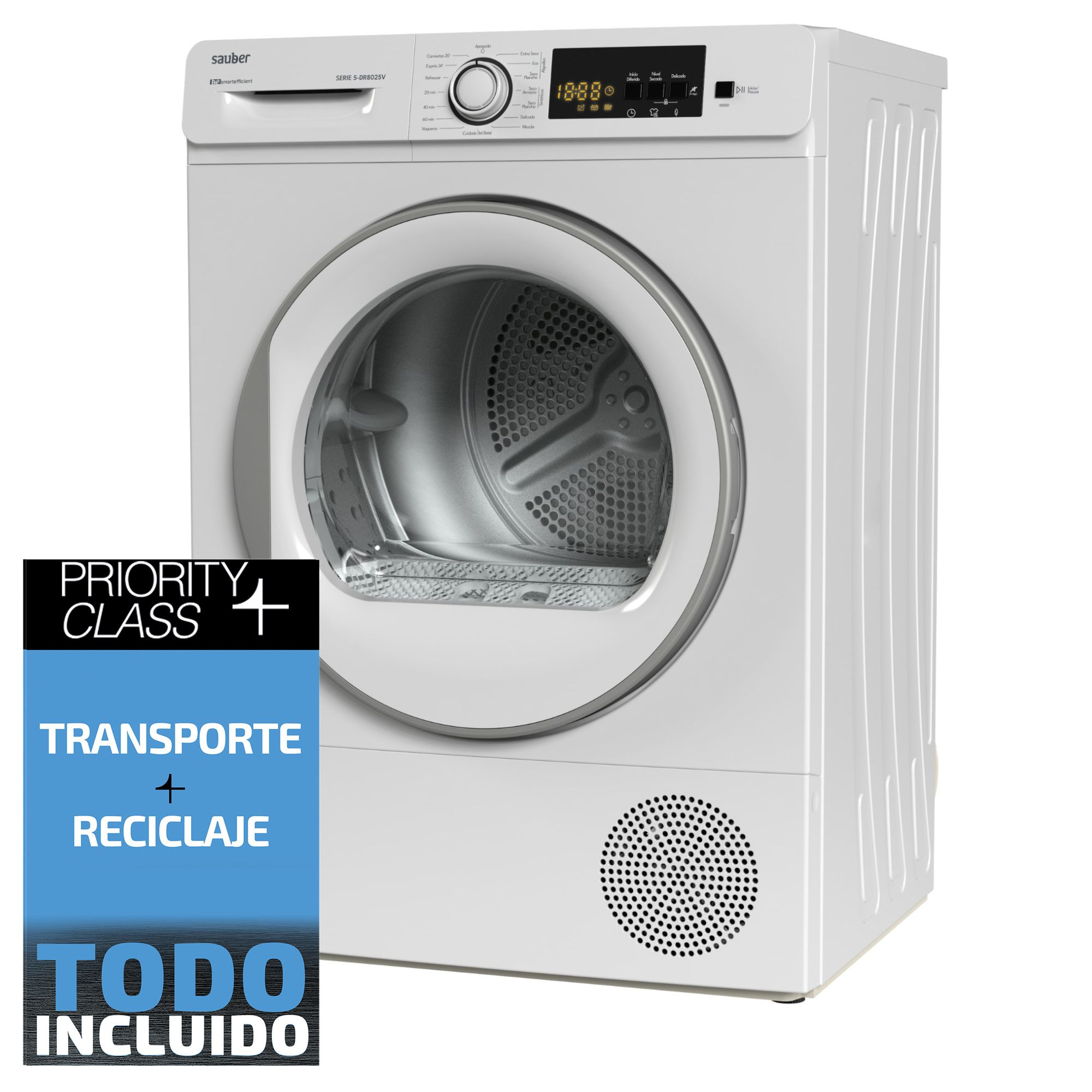 Una secadora blanca con panel de control y pantalla digital. Abajo, un letrero azul dice 'PRIORITY CLASS' y 'TRANSPORTE + RECICLAJE'.