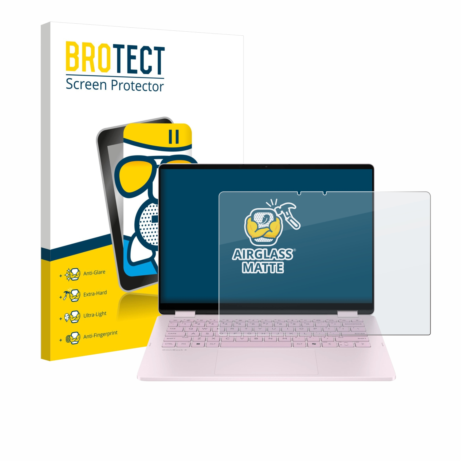Ein Laptop mit Displayschutzfolie. Die Verpackung der Displayschutzfolie befindet sich links. Der Laptop ist rosa.