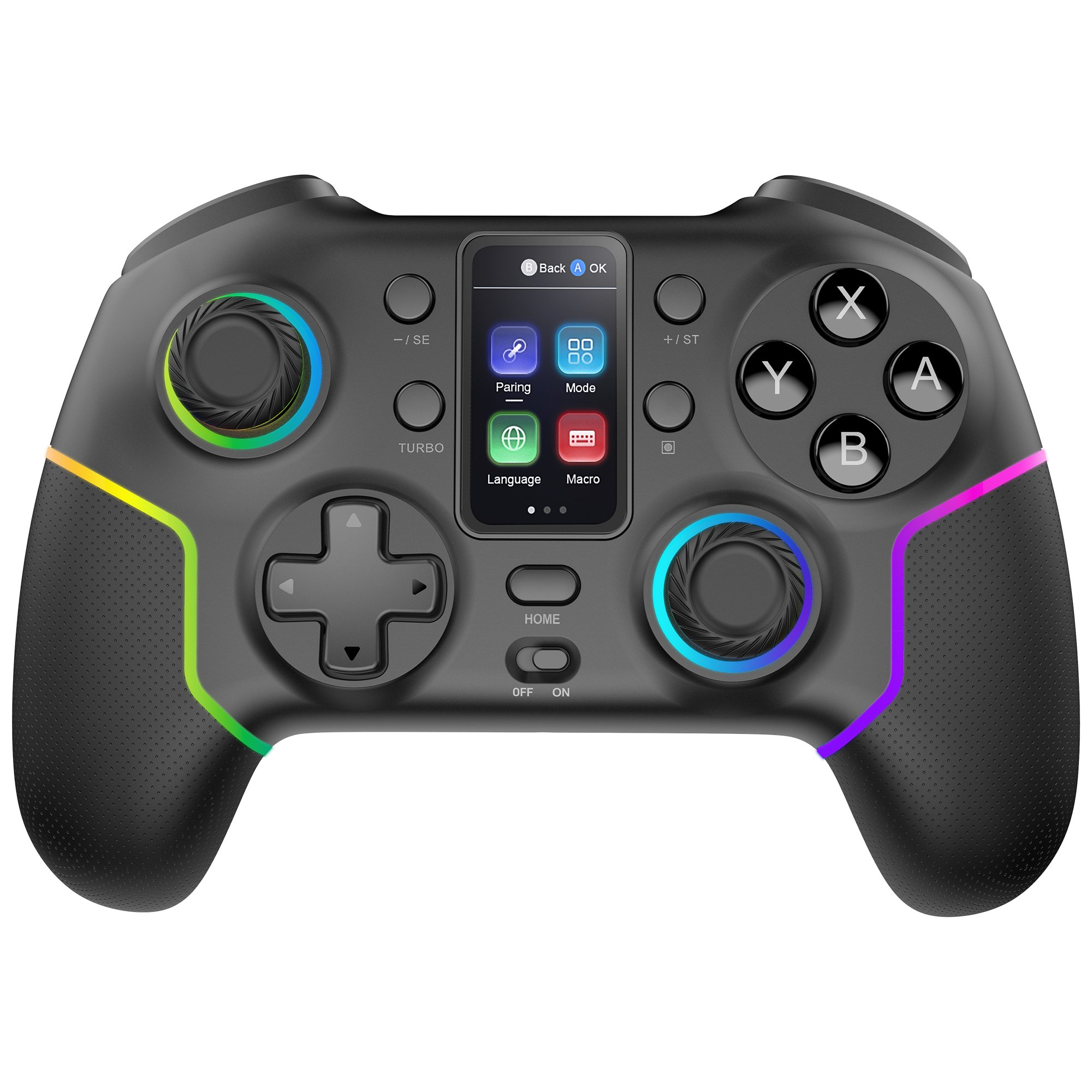 Mando de juego negro con luces coloridas en los bordes. Tiene botones, una pantalla y joysticks.