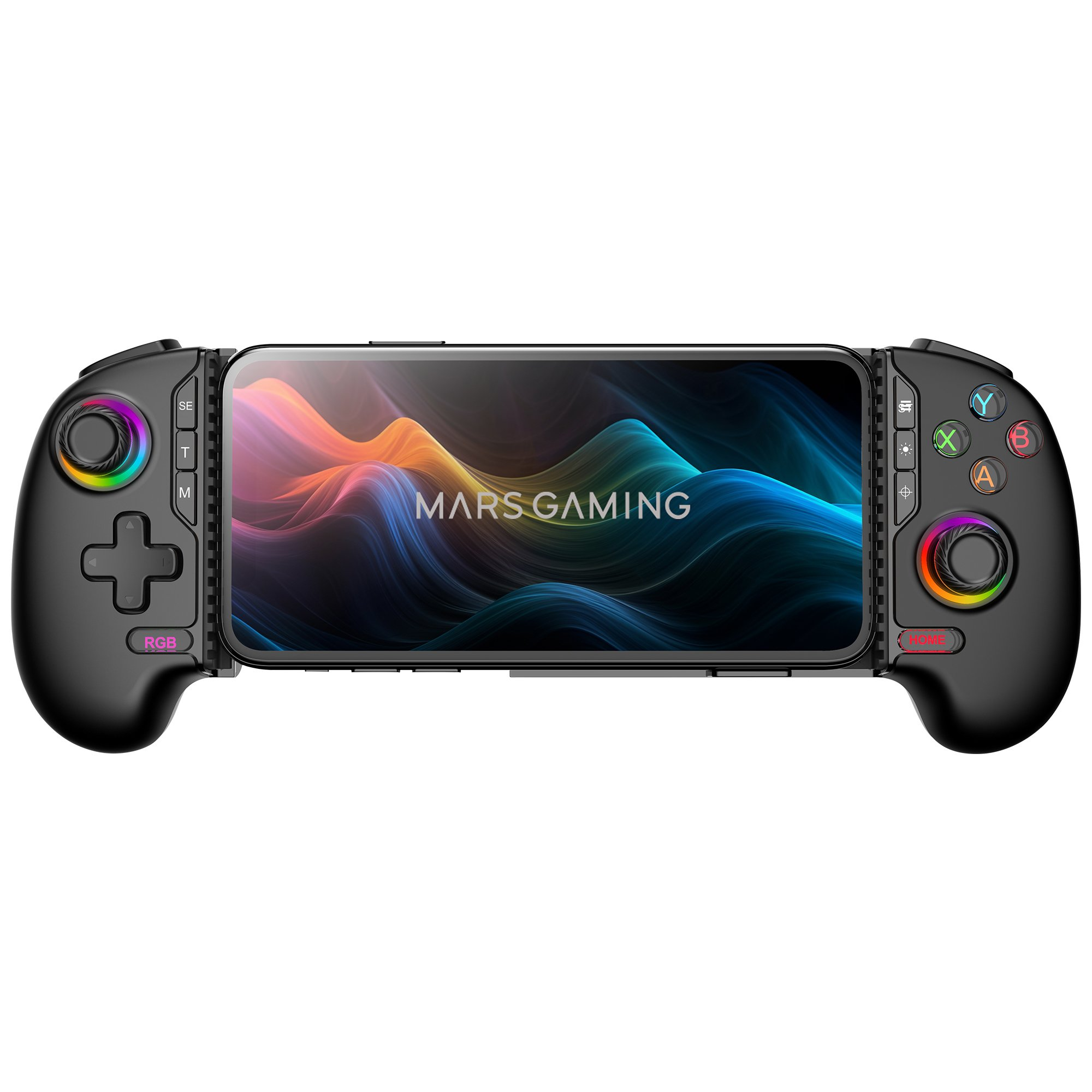 Controlador de juego negro con un smartphone en el medio, mostrando arte abstracto colorido y el logo Mars Gaming.
