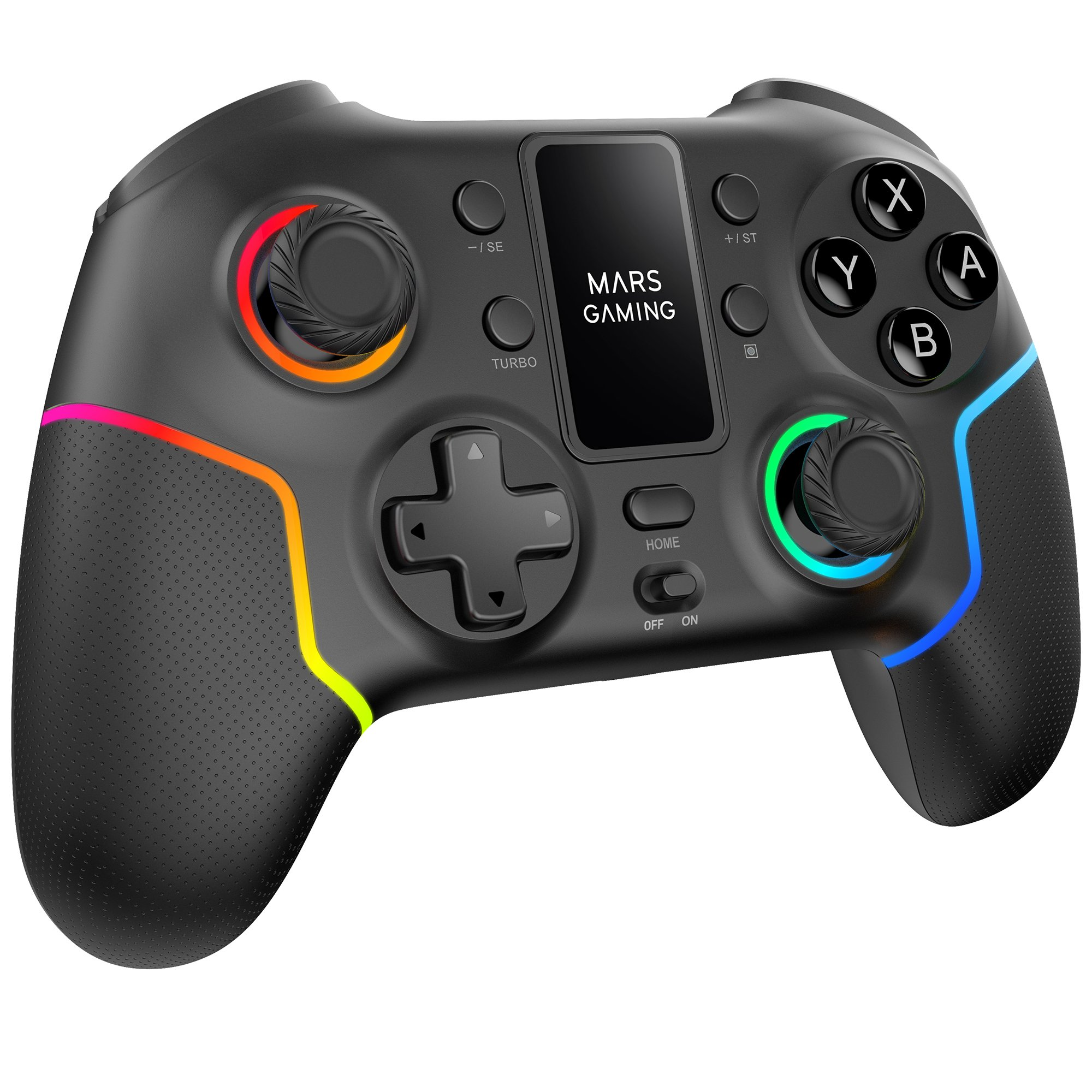 Mando de juego negro con luces y botones coloridos. Tiene una pantalla en el medio y la marca MARS GAMING.