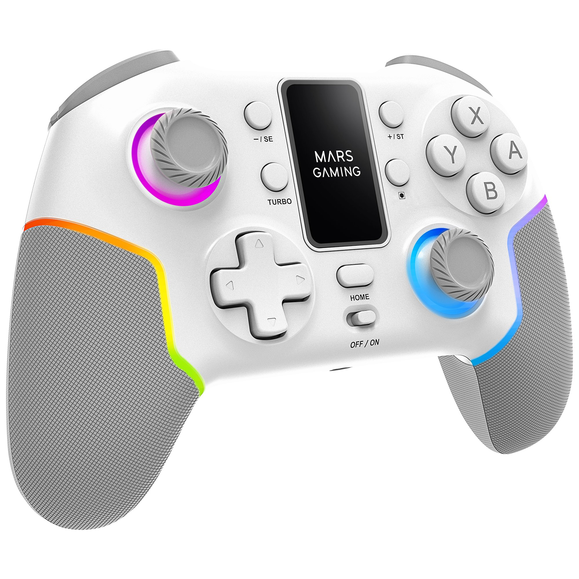 Un controller di gioco MARS bianco e grigio con luci e pulsanti colorati. Presenta uno schermo e testo.