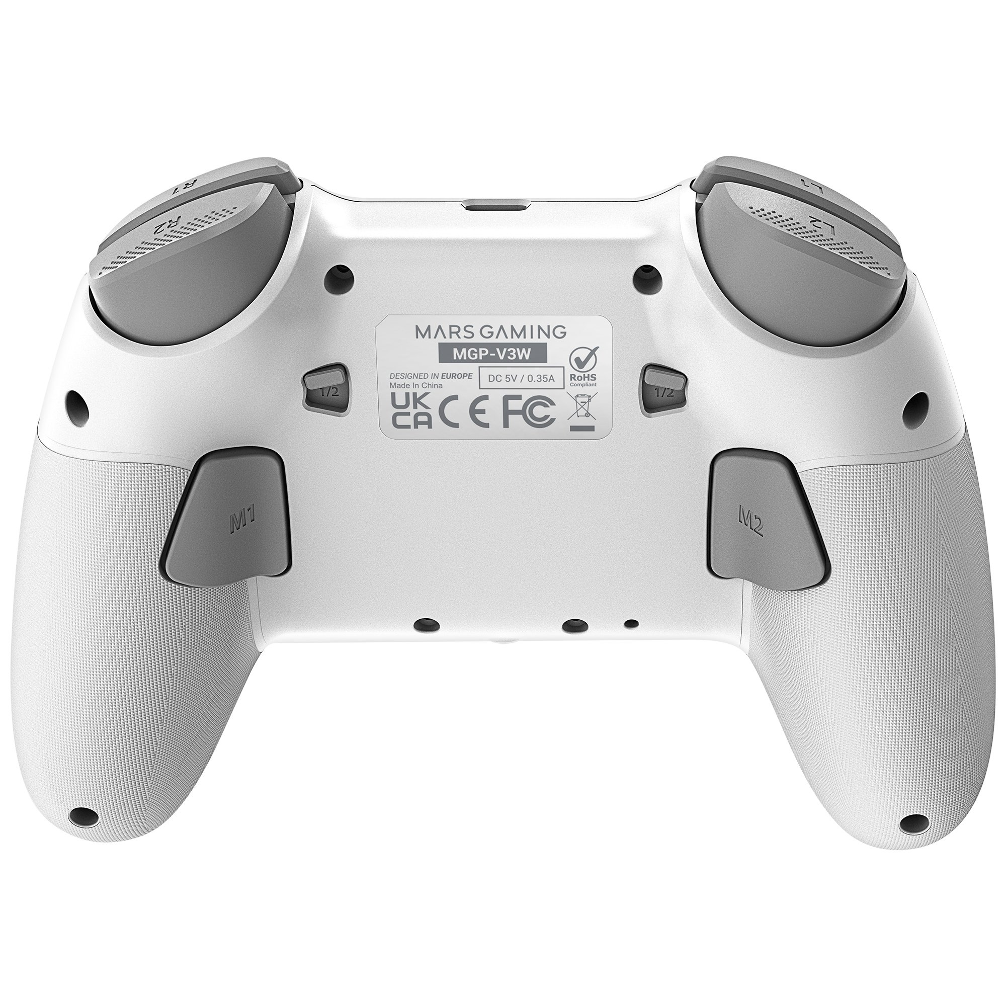 Controller di gioco bianco e grigio. Ha pulsanti, grilletti e un logo con scritto 'Mars Gaming MGP-V3W'.