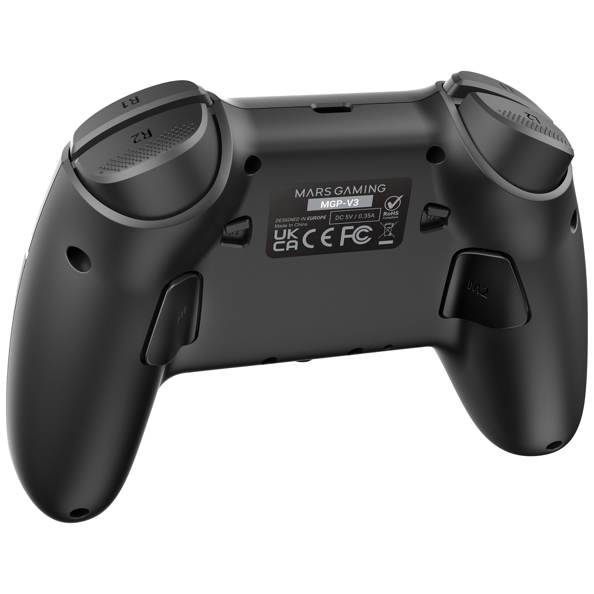 Mando Mars Gaming MGP-V3 negro, vista trasera. Botones R1, R2 y M2 visibles. Logotipo e información reglamentaria.