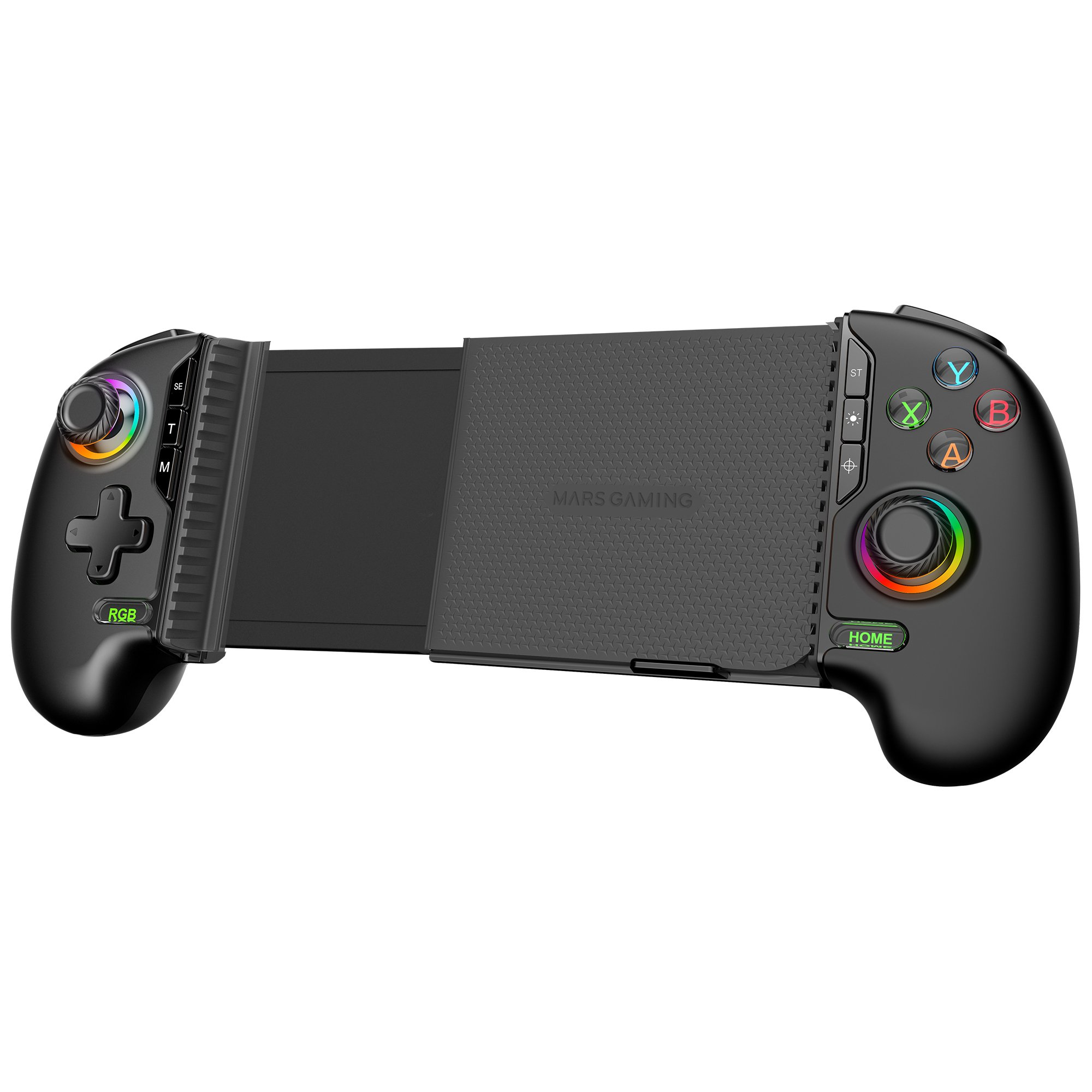 Controlador de juegos negro con botones, joysticks y una sección central expandible. Tiene luces RGB alrededor de los joysticks.