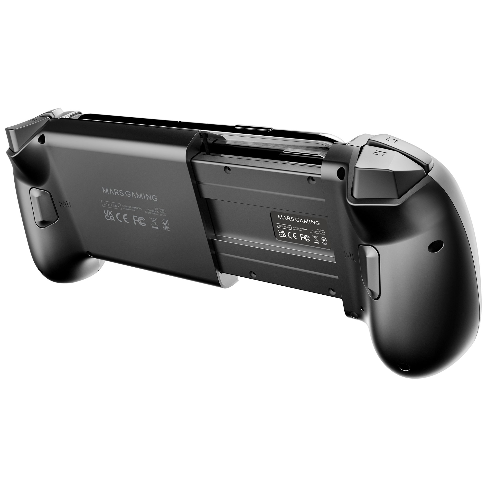 Controlador negro Mars Gaming. Cuenta con botones, gatillos y marca. El controlador tiene un diseño elegante y ergonómico.