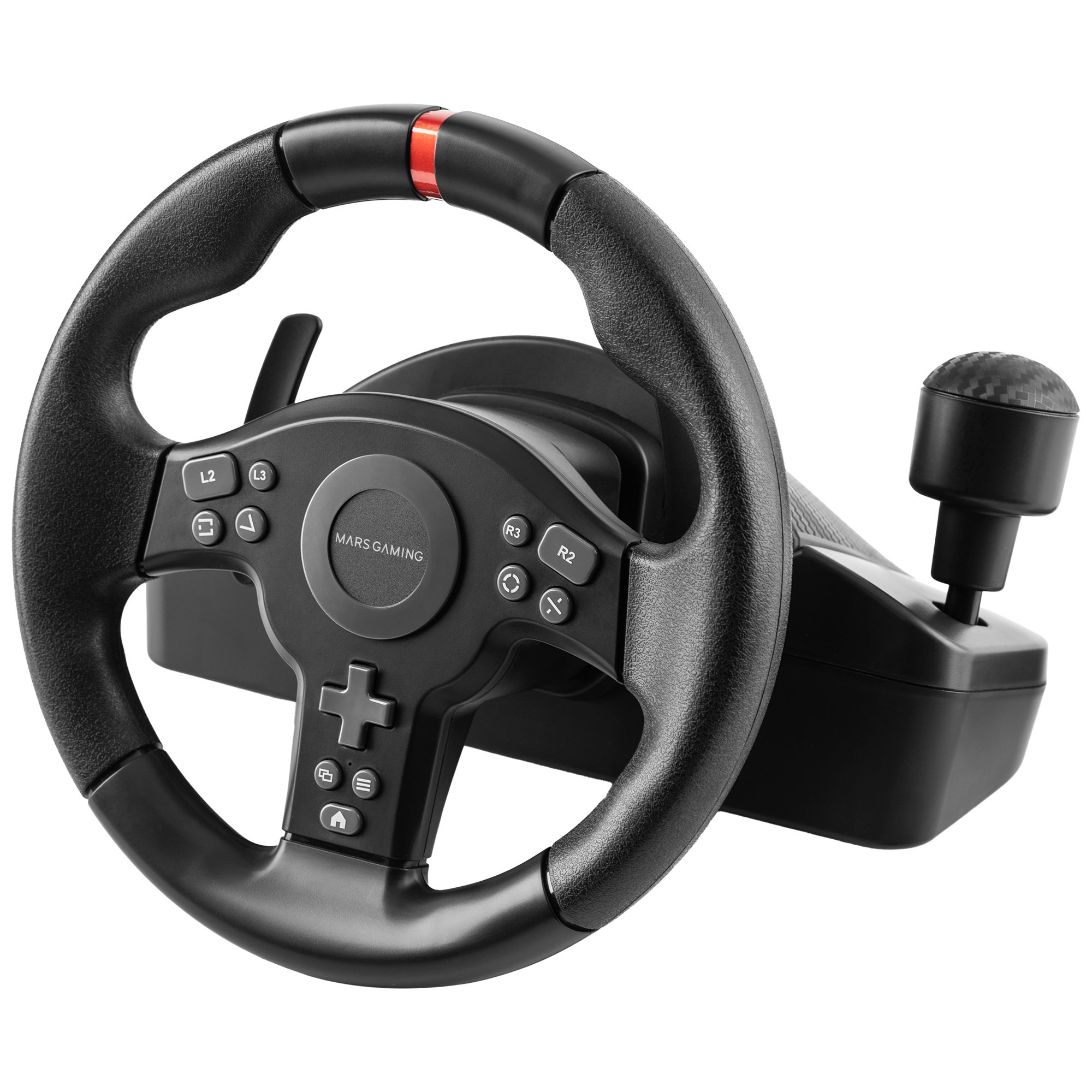 Volante de juego negro con acento rojo, botones y palanca de cambios. El volante tiene el logo 'Mars Gaming'.