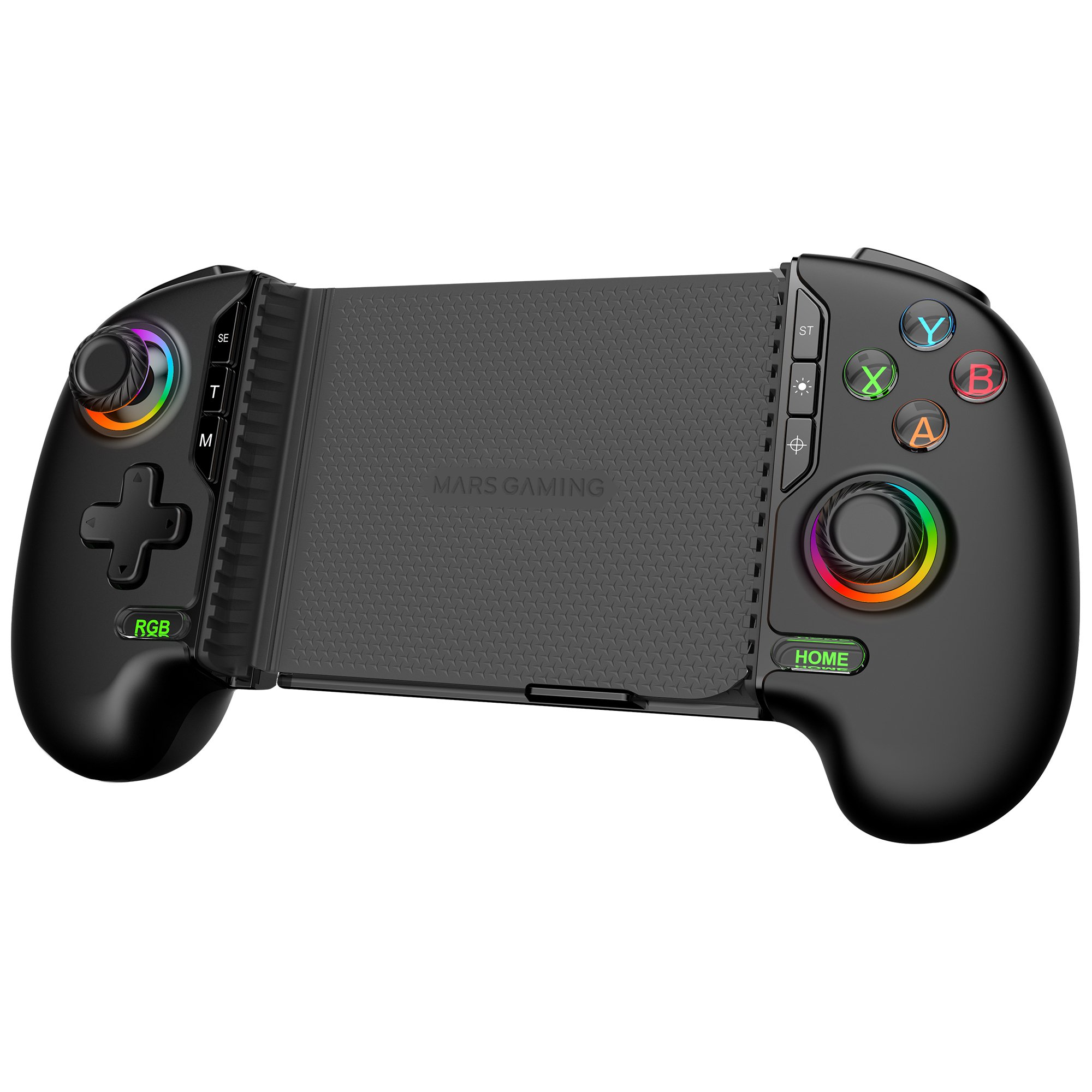 Mando Mars Gaming negro. Cuenta con botones, cruceta, joysticks y un centro texturizado. La iluminación RGB acentúa los joysticks.