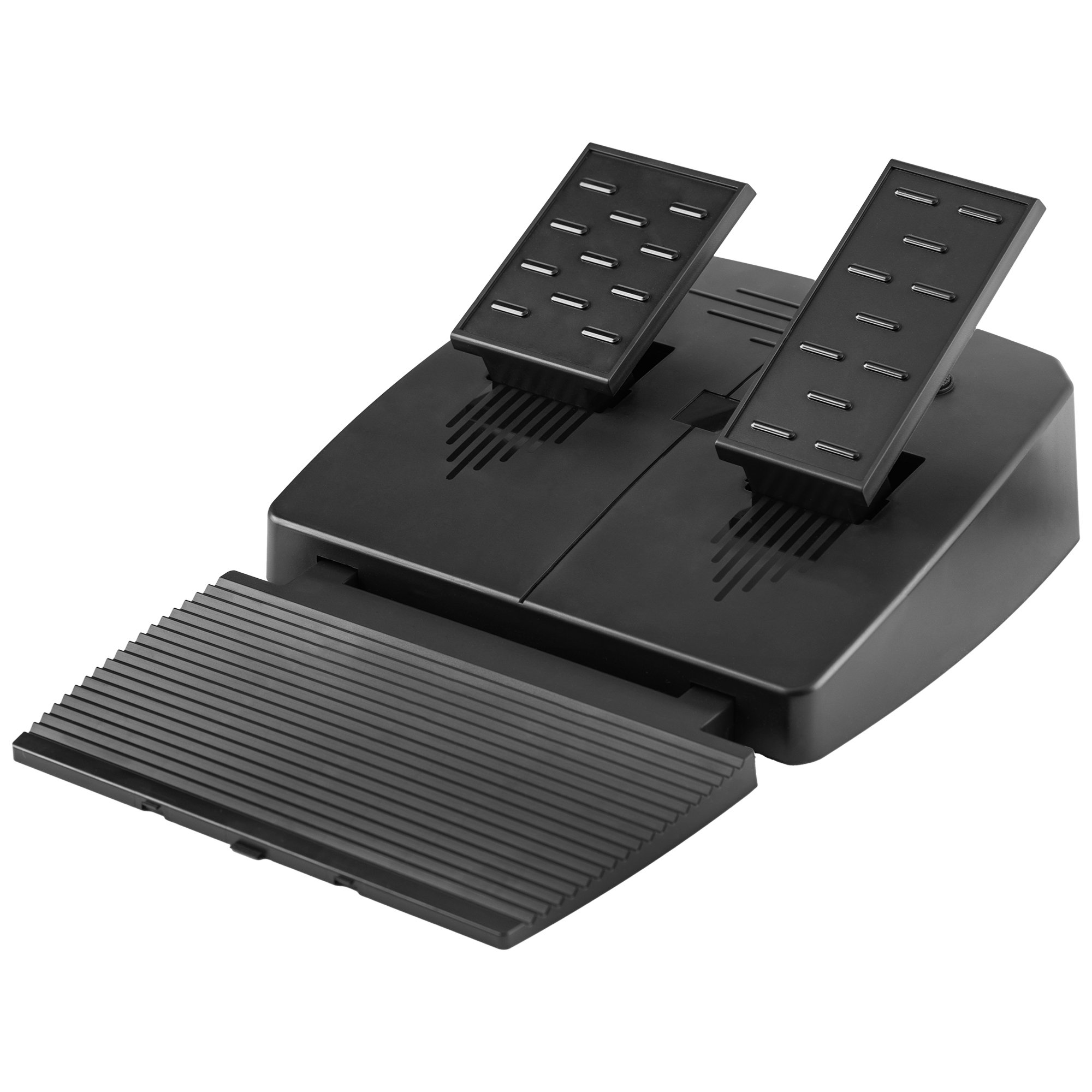 Juego de pedales de juego negro. Dos pedales inclinados hacia arriba, un reposapiés debajo. Todo plástico negro.