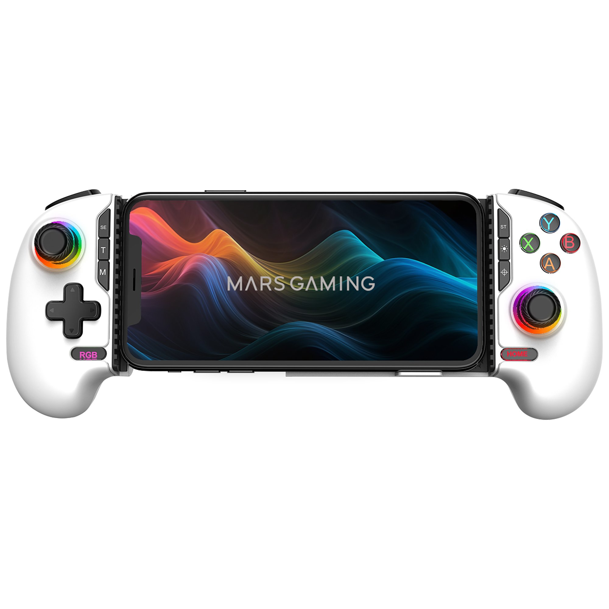 Controller di gioco bianco con smartphone al centro. Lo smartphone mostra onde colorate. Il controller è MARS GAMING.