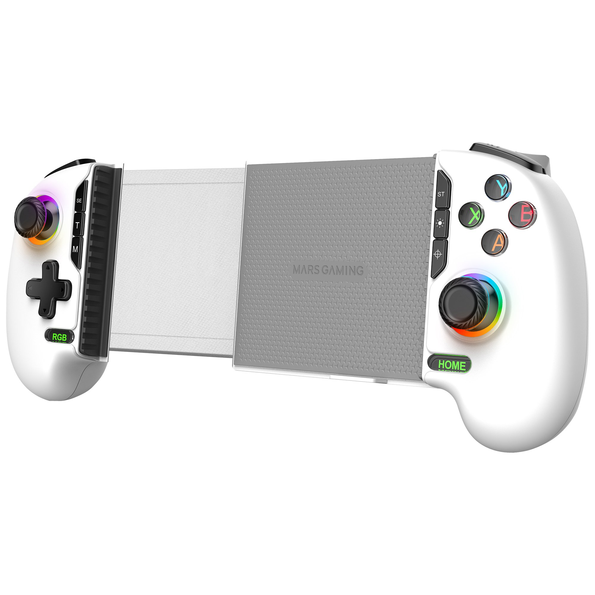 Un controller di gioco bianco e grigio con luci RGB. Ha pulsanti e joystick. Il marchio è Mars Gaming.
