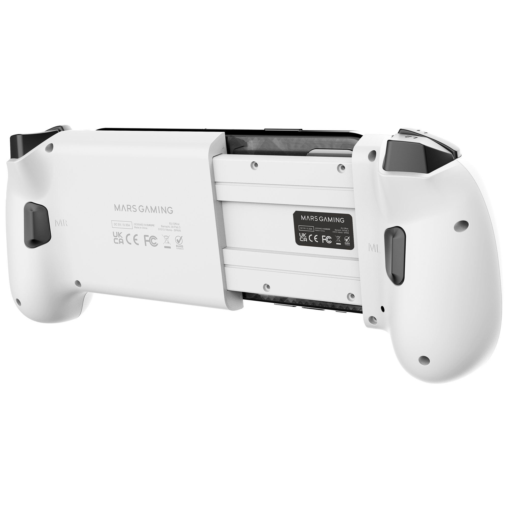 Un controller Mars Gaming bianco e nero per un dispositivo mobile, con vari marchi e loghi visibili.