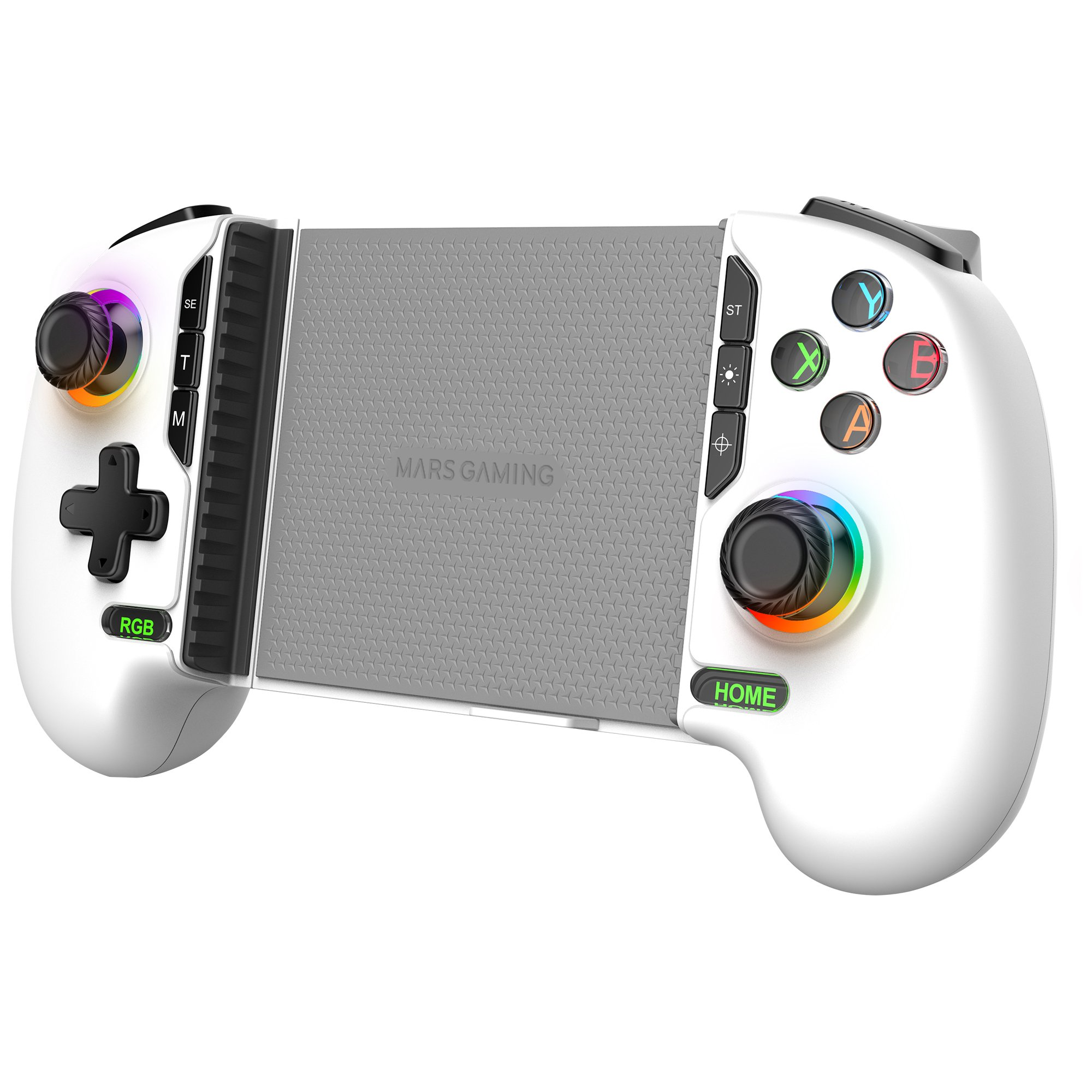 Controller di gioco bianco con centro grigio, pulsanti e joystick con luci colorate.