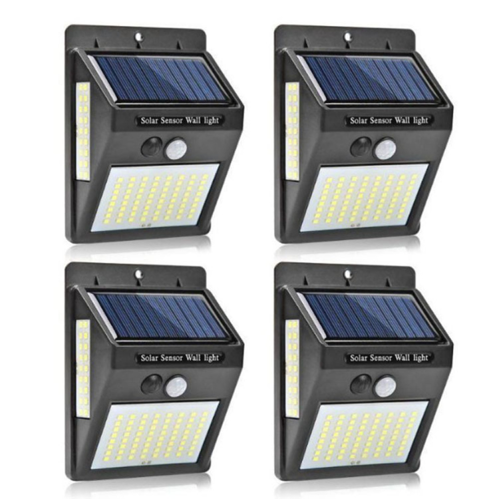 Vier schwarze Solar-Sensor-Wandleuchten. Jede hat ein Solarpanel, einen Sensor und viele LED-Leuchten. Der Text 'Solar Sensor Wall light' ist sichtbar.