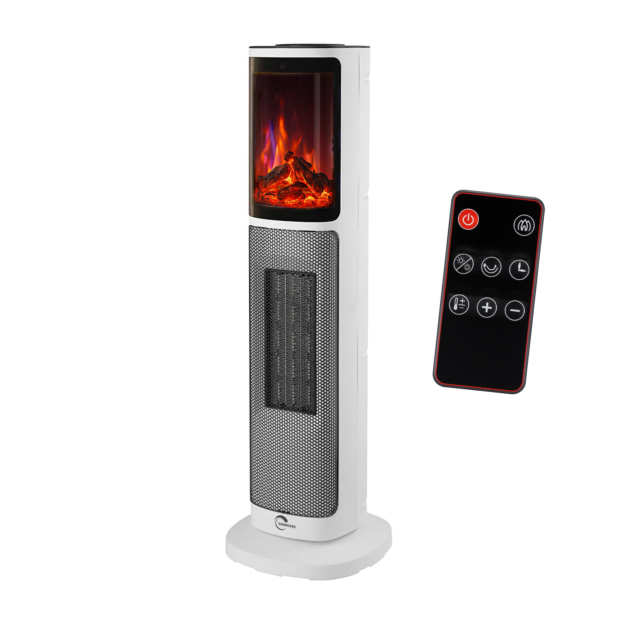Weißer Elektro-Kamin mit Flammendarstellung und Fernbedienung. Schwarze Fernbedienung mit Strom-, Heiz- und Timer-Einstellungen.