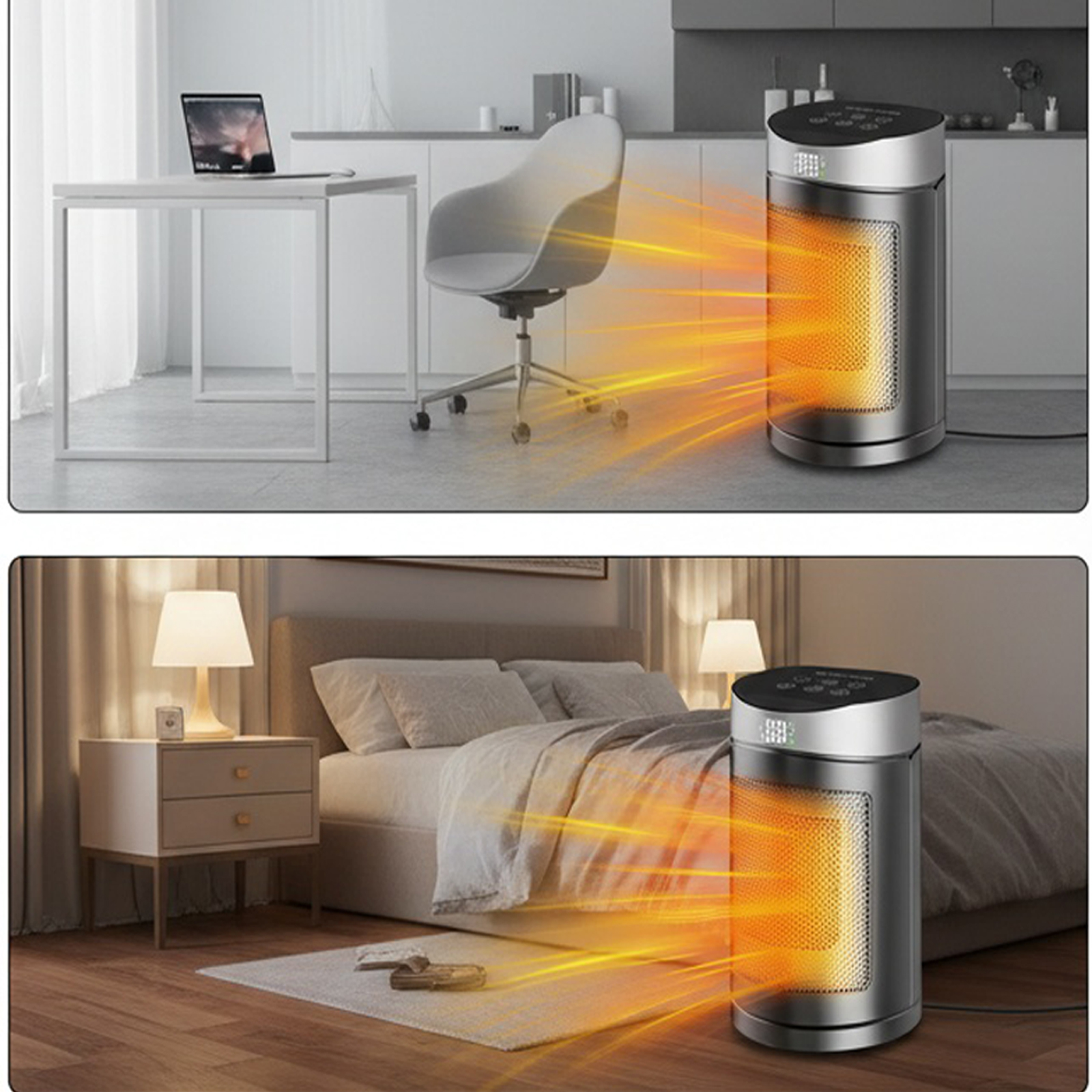 Ein Heizgerät in zwei Räumen. Oben ein Schreibtisch, unten ein Bett, beide mit dem Heizgerät.