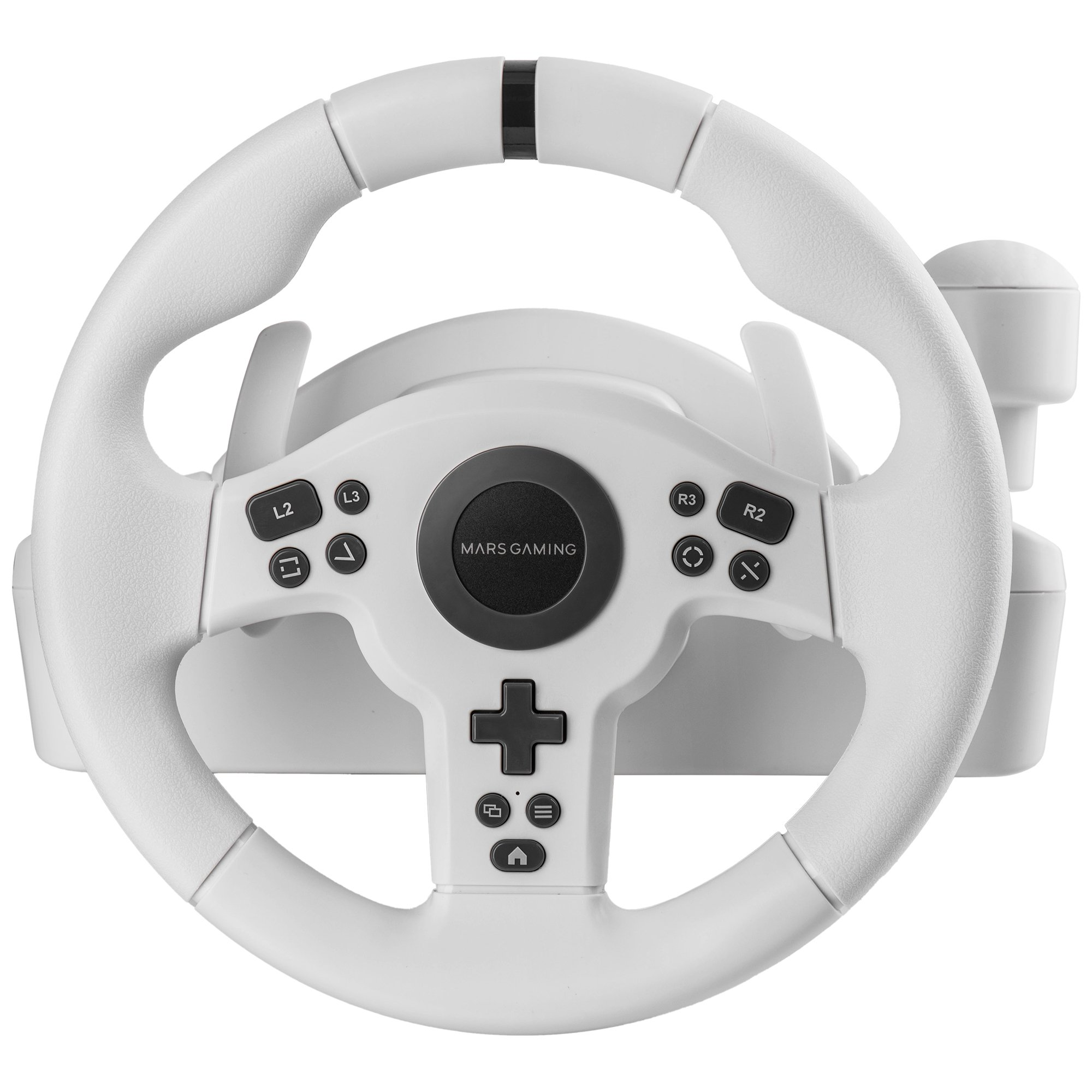 Un volante de juego blanco con botones, un centro negro y una palanca de cambios. La marca es Mars Gaming.