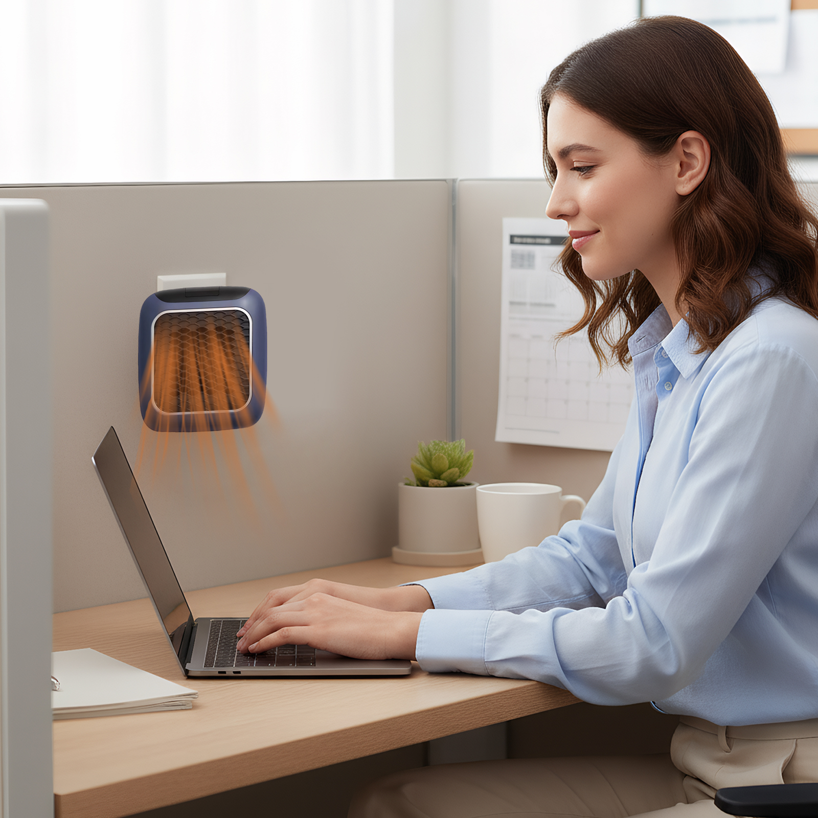 Eine Frau tippt auf einem Laptop. Ein blauer Heizlüfter ist an der Wand. Eine Tasse, eine Pflanze und ein Kalender sind auf dem Schreibtisch.
