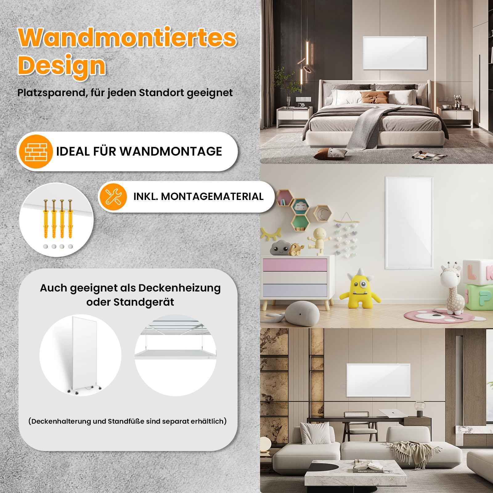 Das Bild zeigt ein wandmontiertes Design, geeignet für jeden Standort, mit Montagematerial und für Deckenheizung.