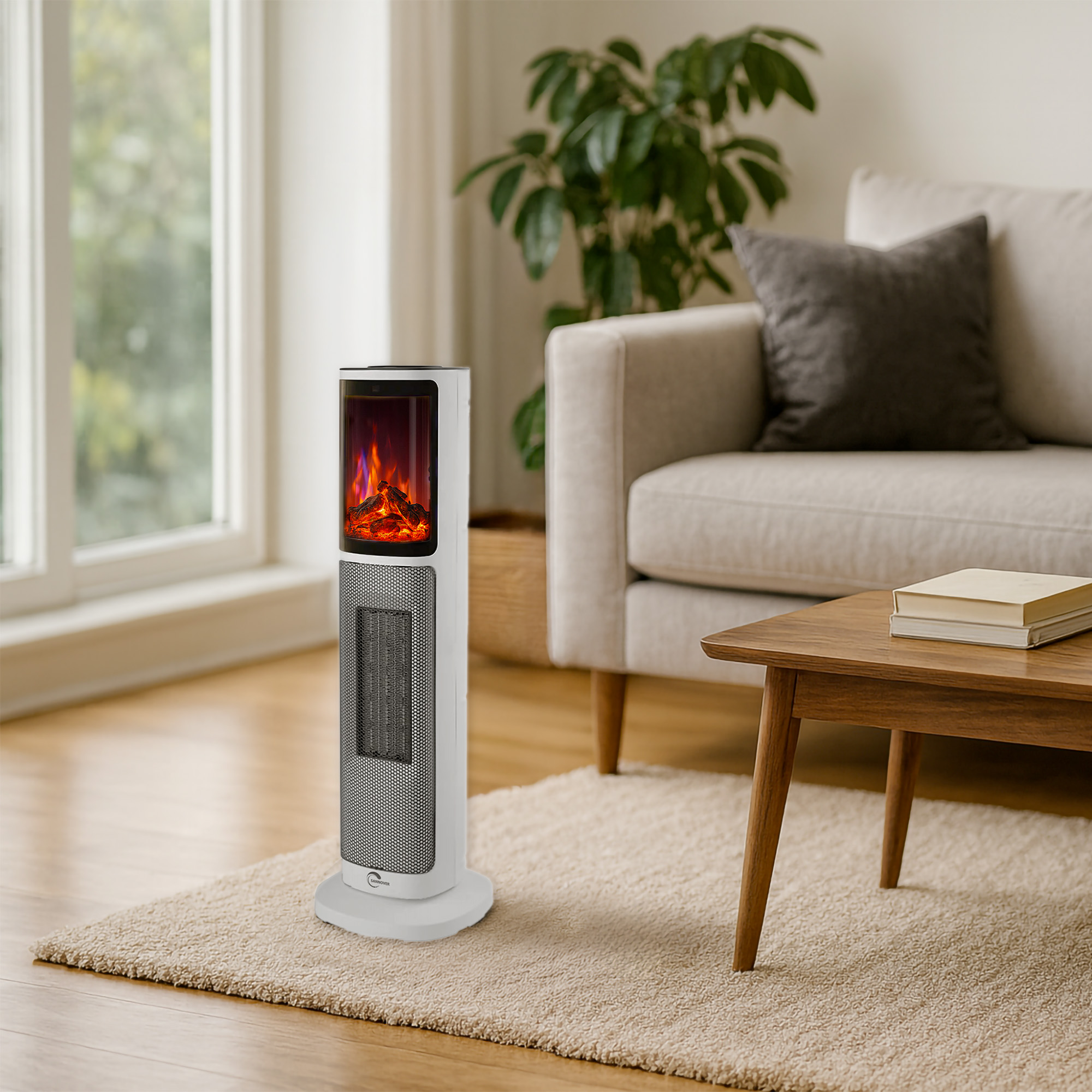 Ein weißer Elektro-Kamin mit Flammeneffekt steht auf einem beigen Teppich. Im Hintergrund sind ein Sofa, ein Tisch und eine Pflanze.