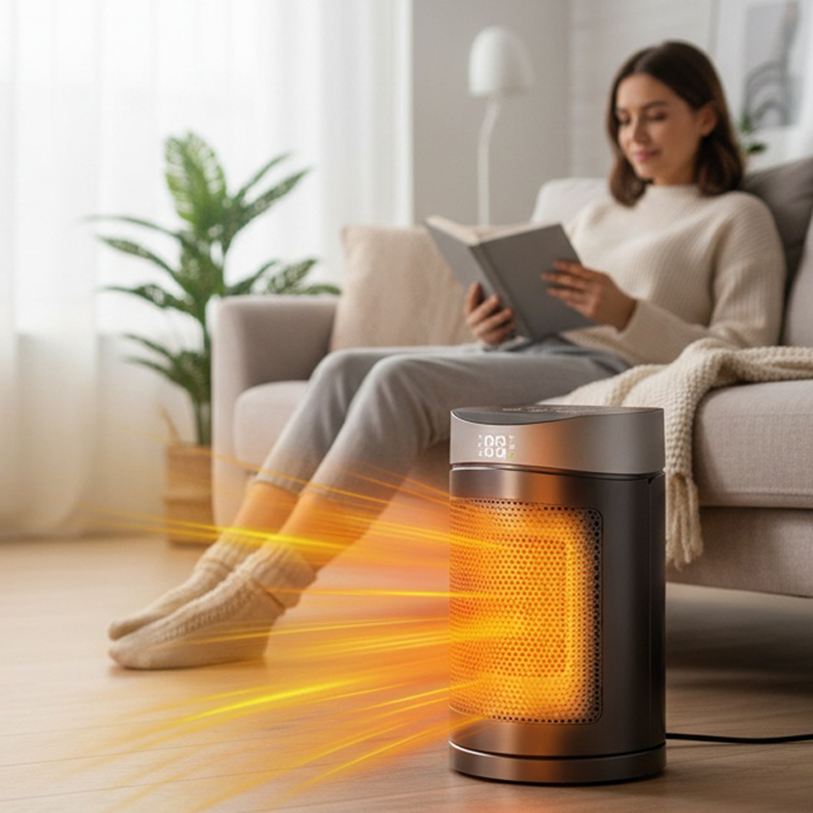 Eine Frau liest ein Buch in der Nähe einer Heizung. Die Heizung strahlt orangefarbenes Licht aus. Eine Pflanze und ein Sofa sind im Hintergrund.