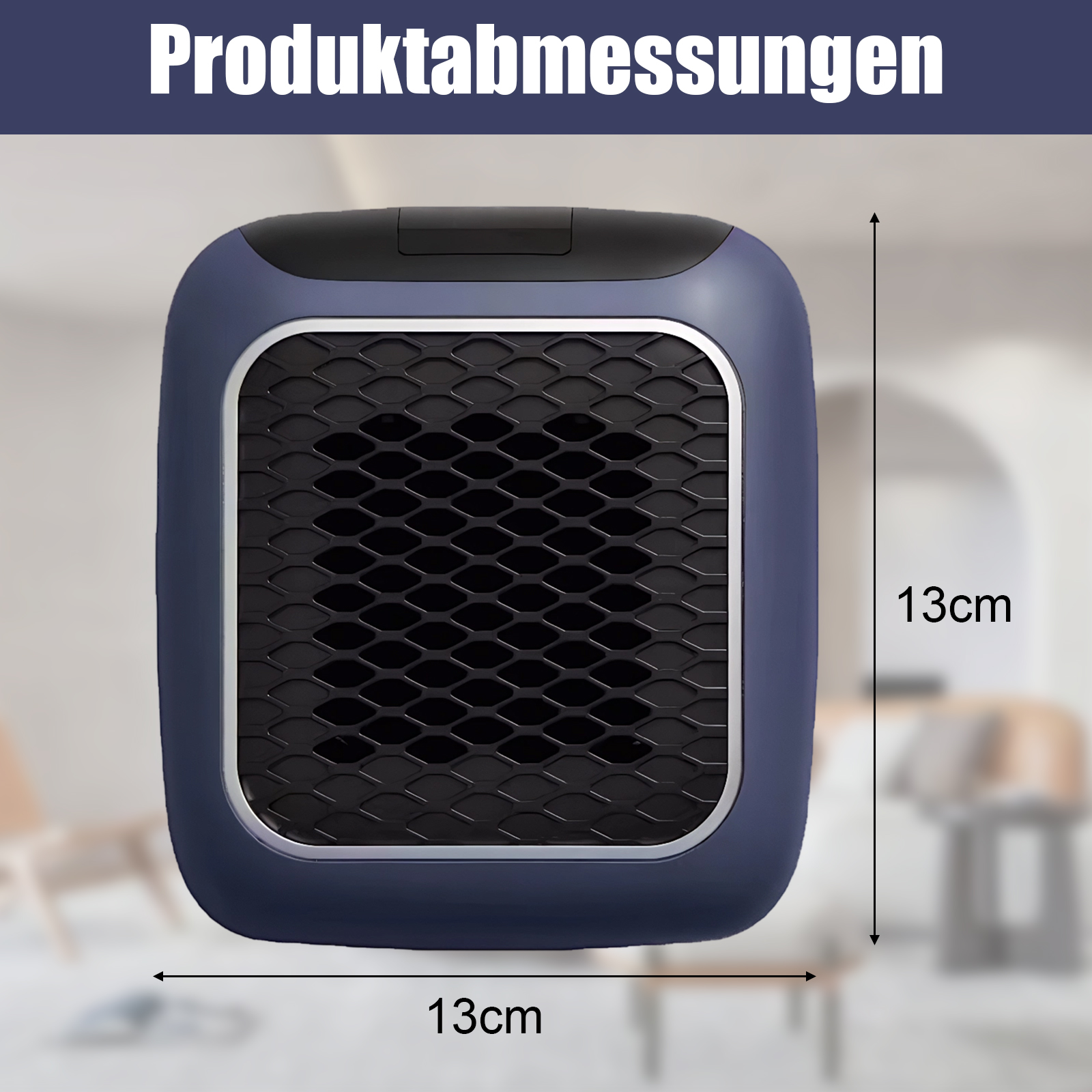 Ein blau-schwarzer tragbarer Heizlüfter mit den Maßen 13 cm Länge und Höhe wird vor einem verschwommenen Hintergrund gezeigt.