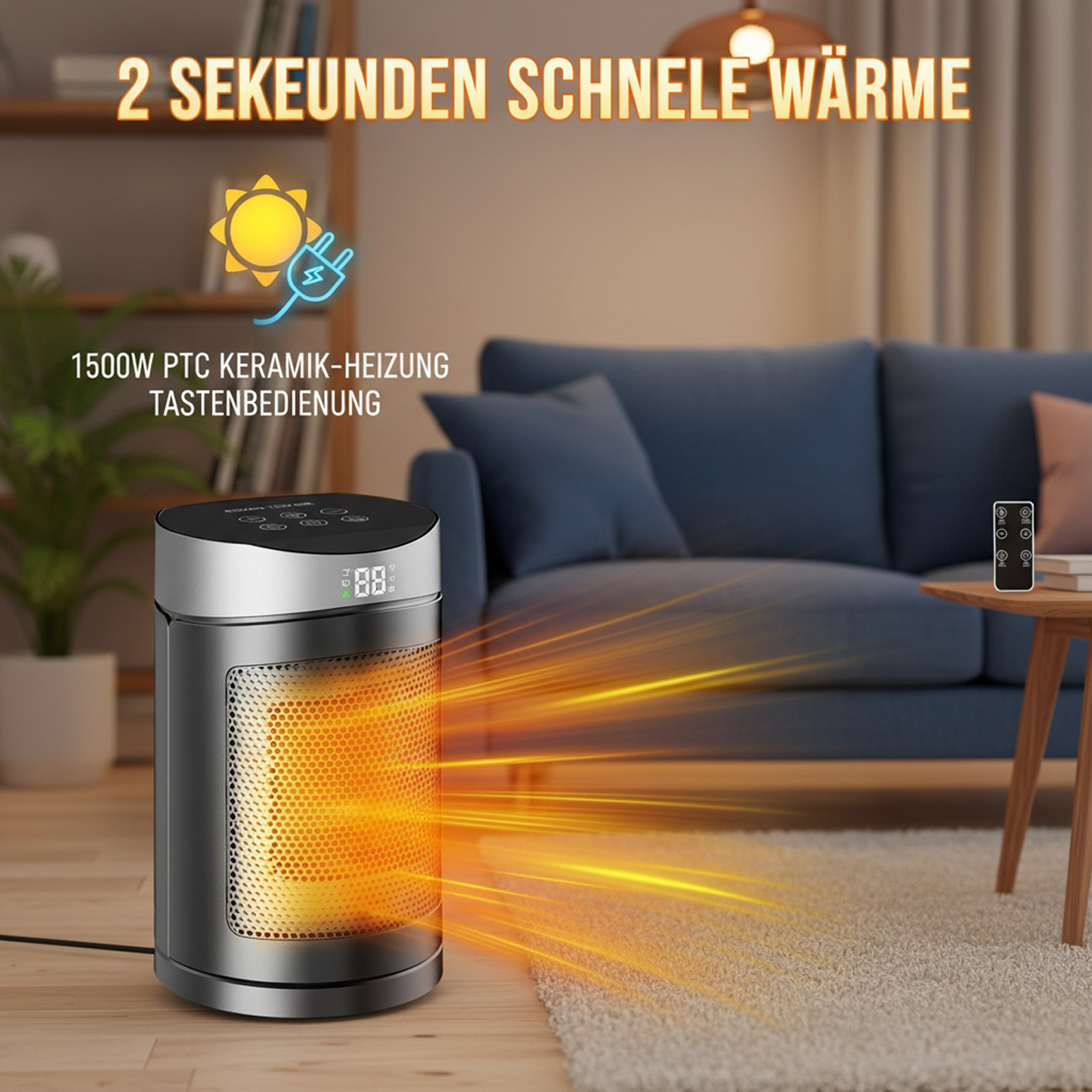 Elektrische Heizung, die Wärme abgibt, mit Fernbedienung auf einem kleinen Tisch, Sofa im Hintergrund und Text.