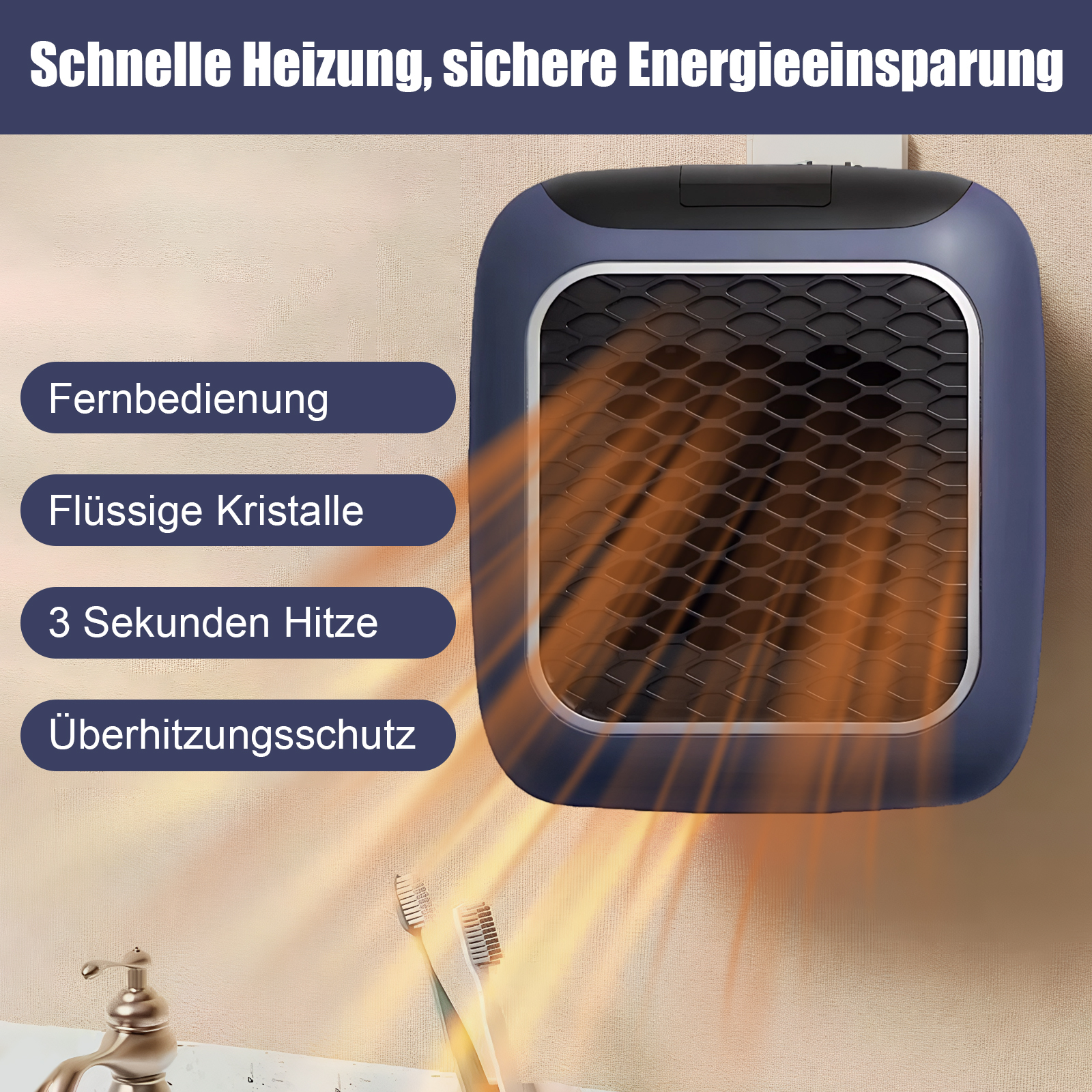 Ein blauer Heizlüfter mit Text. Wärmewellen gehen davon aus. Zahnbürsten und ein Wasserhahn im Vordergrund.