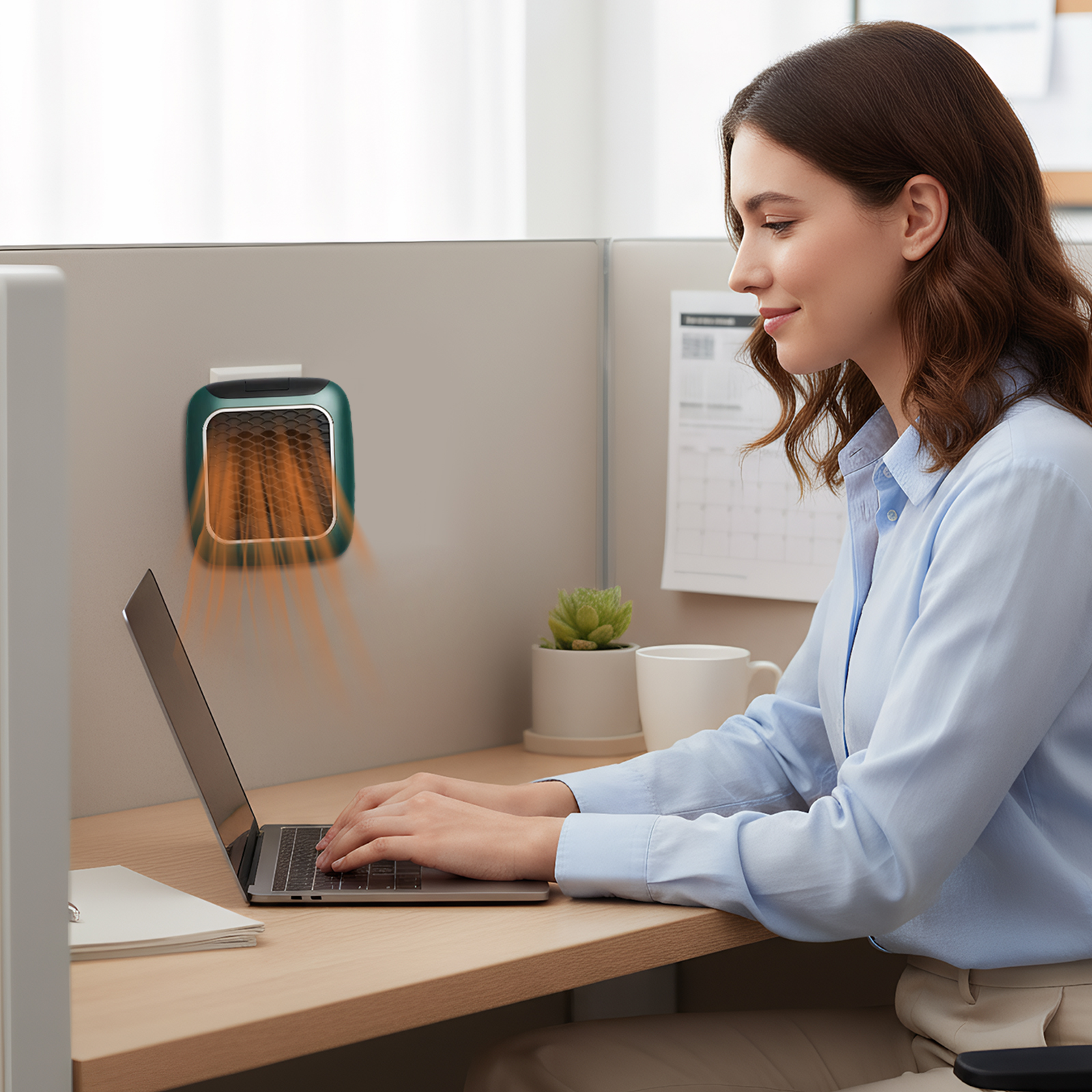 Frau in blauem Hemd arbeitet im Büro an einem Laptop. Eine Wandheizung ist eingeschaltet. Auf dem Schreibtisch stehen eine Kaffeetasse und eine Pflanze.