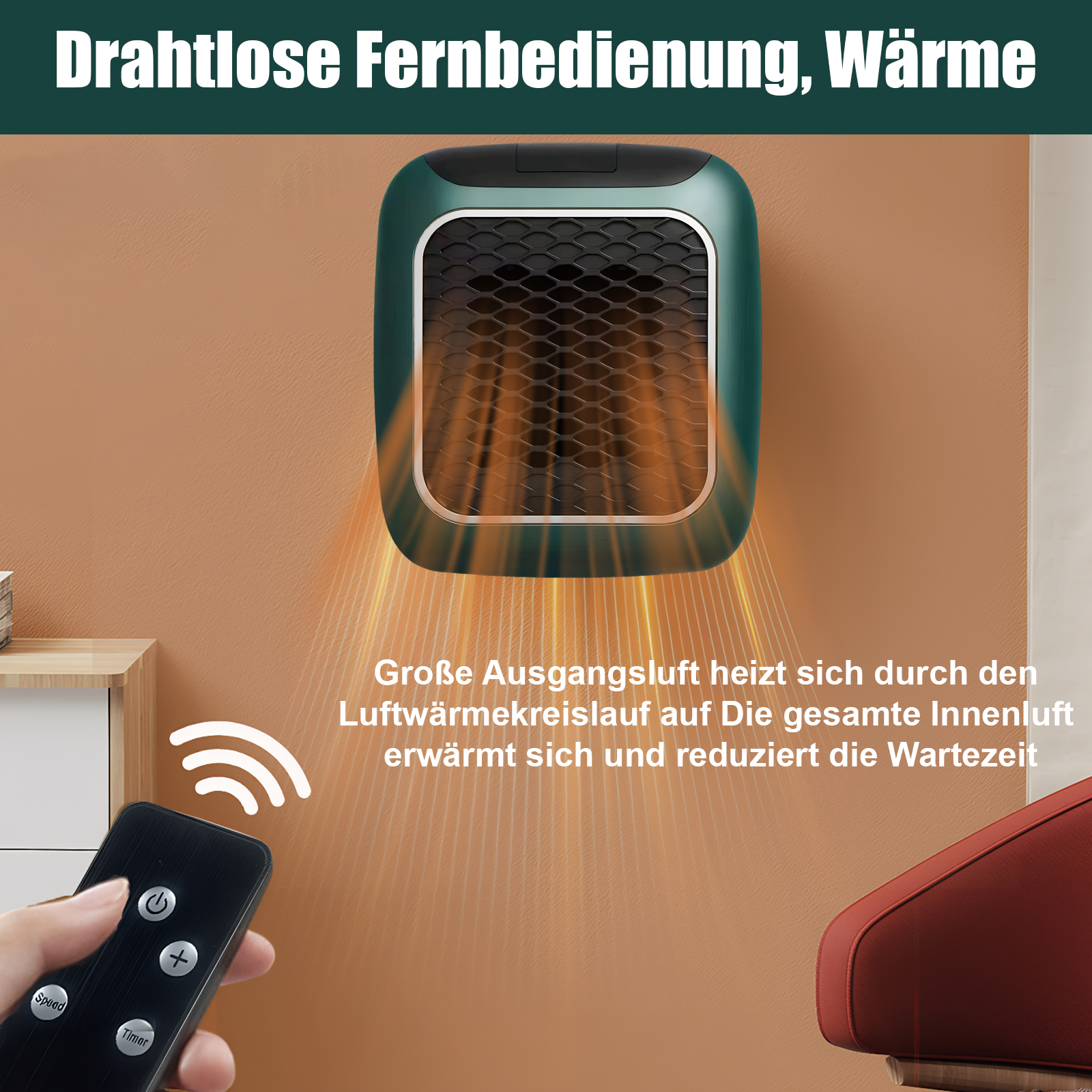 Ein Wandheizgerät mit Fernbedienung. Das Heizgerät ist grün und schwarz. Eine Hand hält die Fernbedienung.