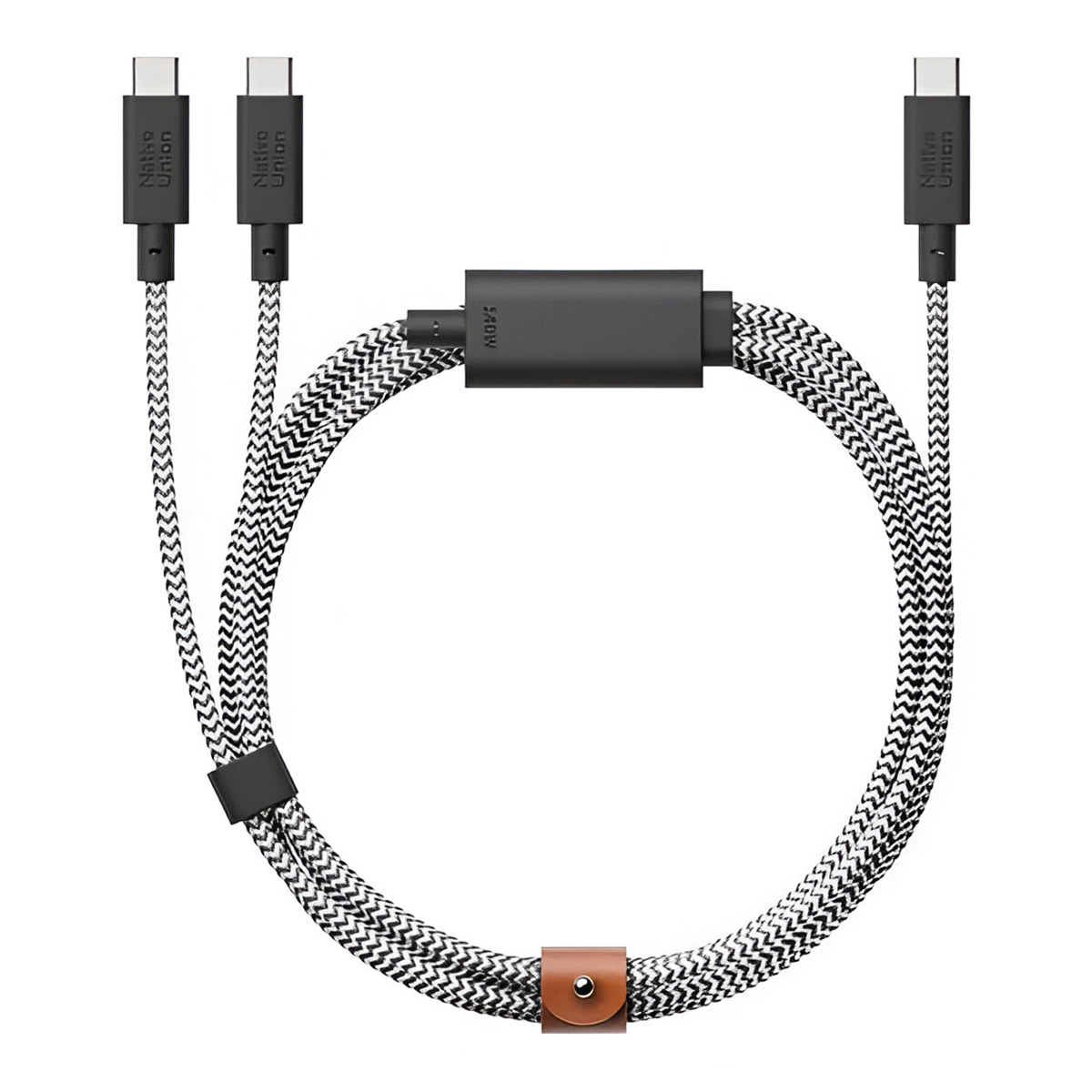 Ein Native Union Ladekabel mit USB-C-Anschlüssen und einem schwarz-weißen geflochtenen Design, mit Lederband.