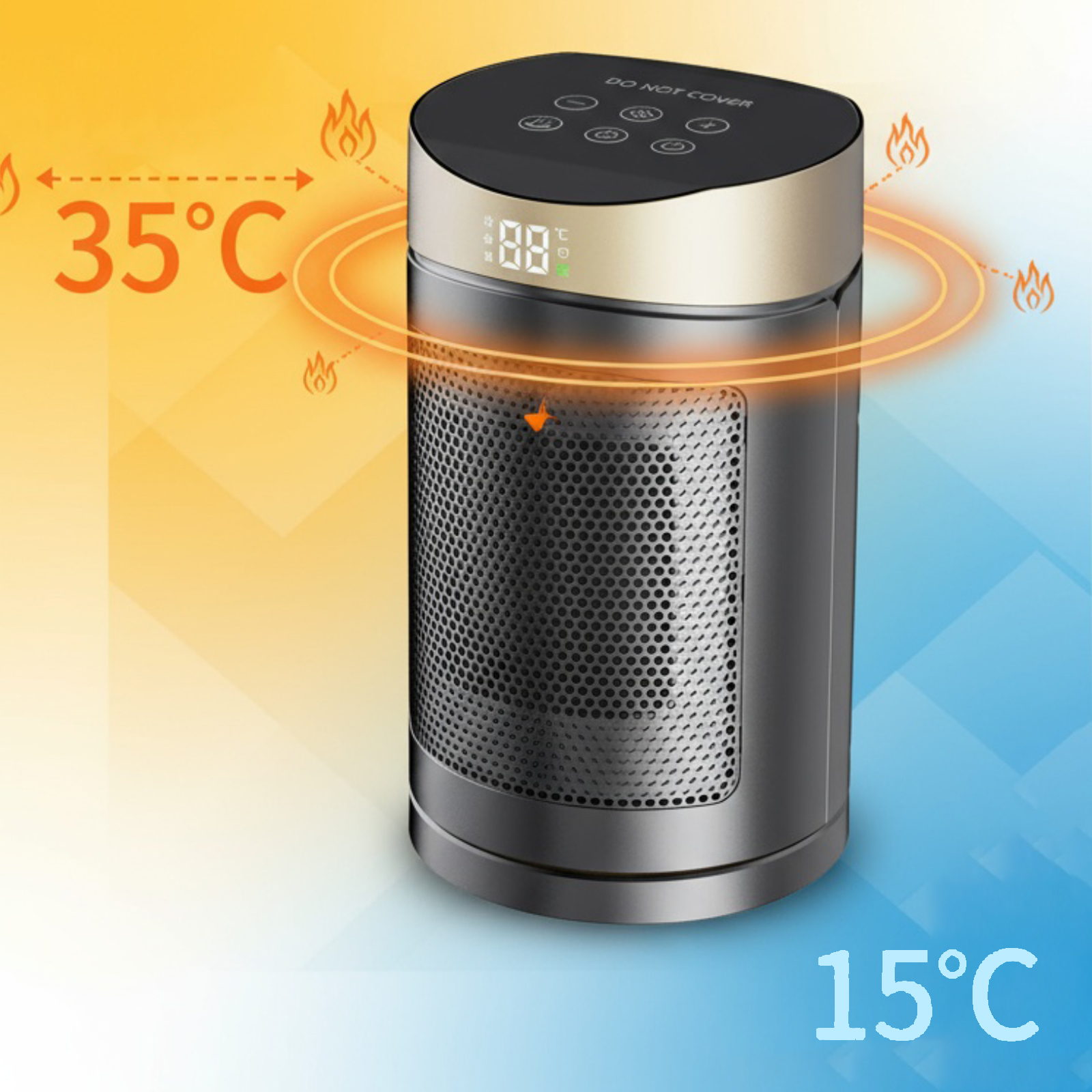 Ein schwarz-goldener Elektroheizer zeigt 88°C an. Der Hintergrund wechselt von Orange zu Blau, mit 35°C und 15°C Beschriftungen.